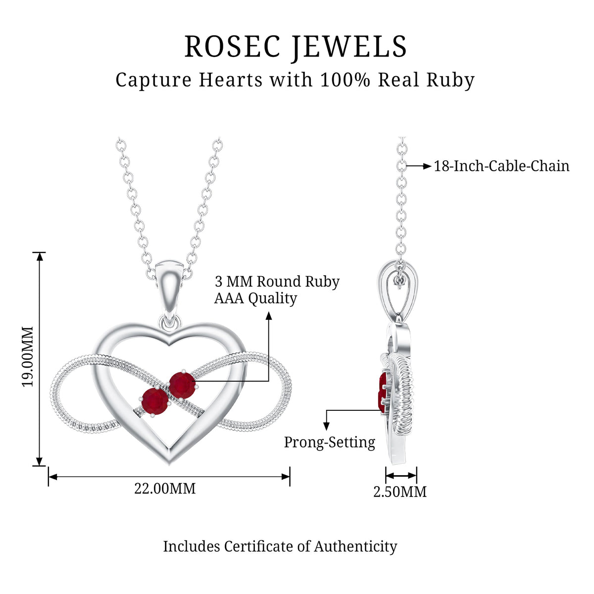 Unique Heart Infinity Pendant Necklace with Ruby