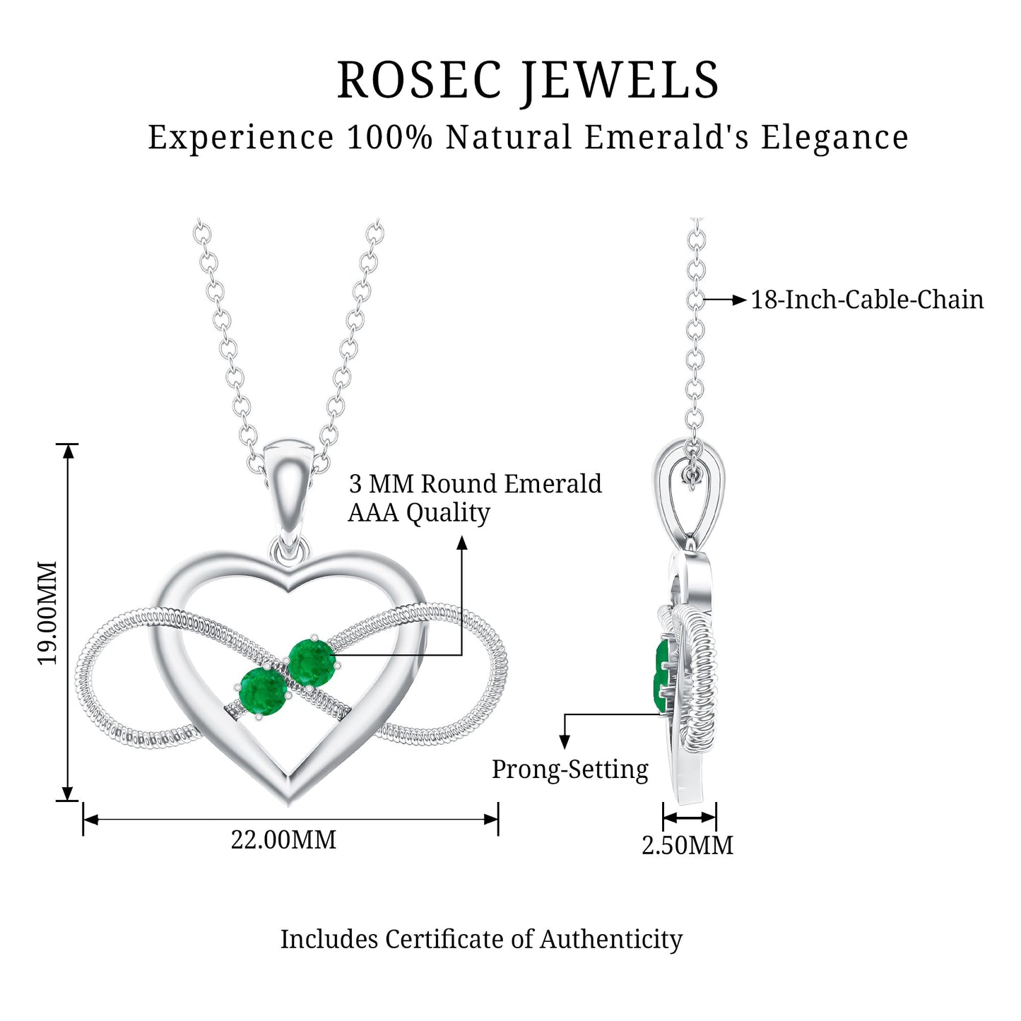 Heart Infinity Necklace with Real Emerald