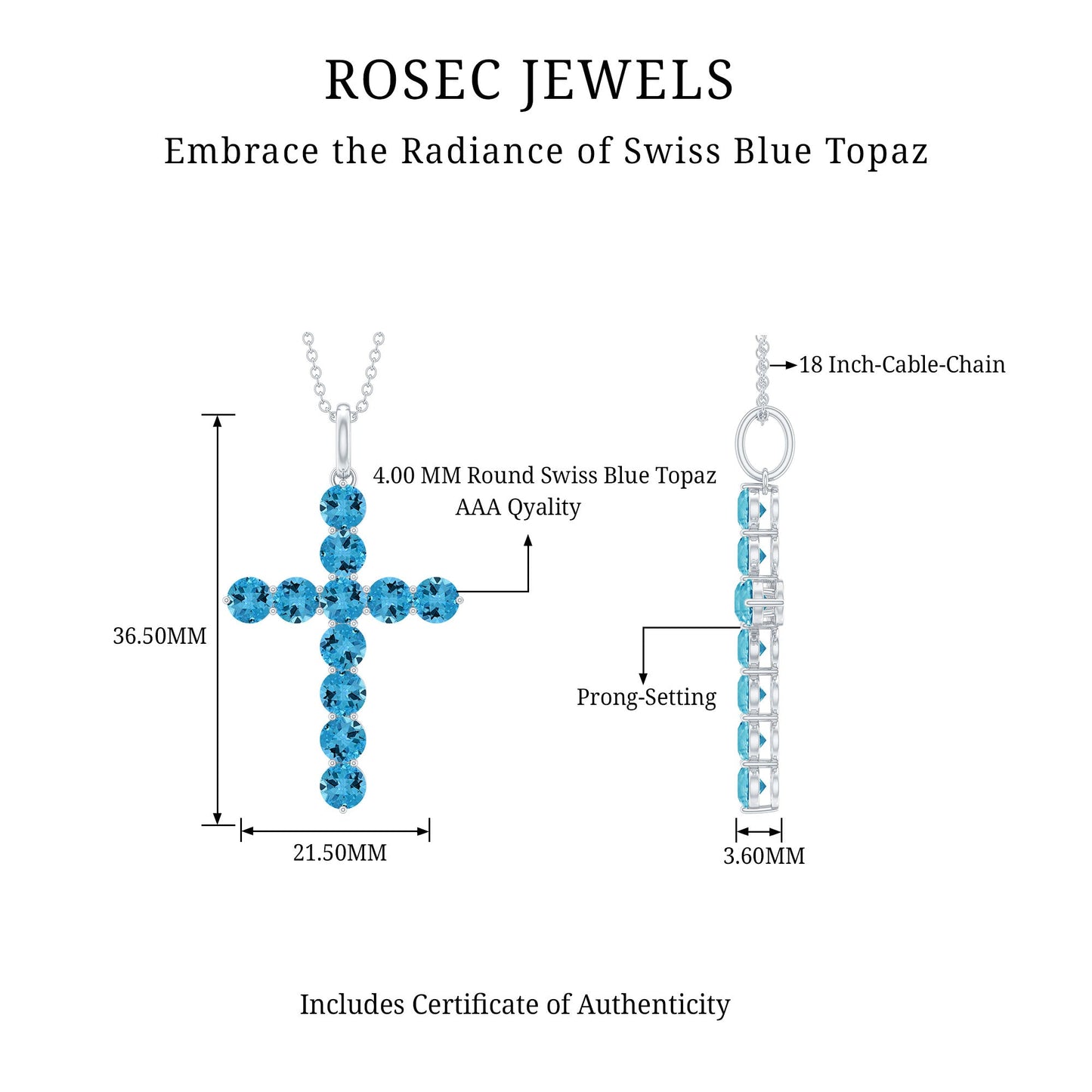 Natural Swiss Blue Topaz Cross Pendant Necklace with Silver Chain
