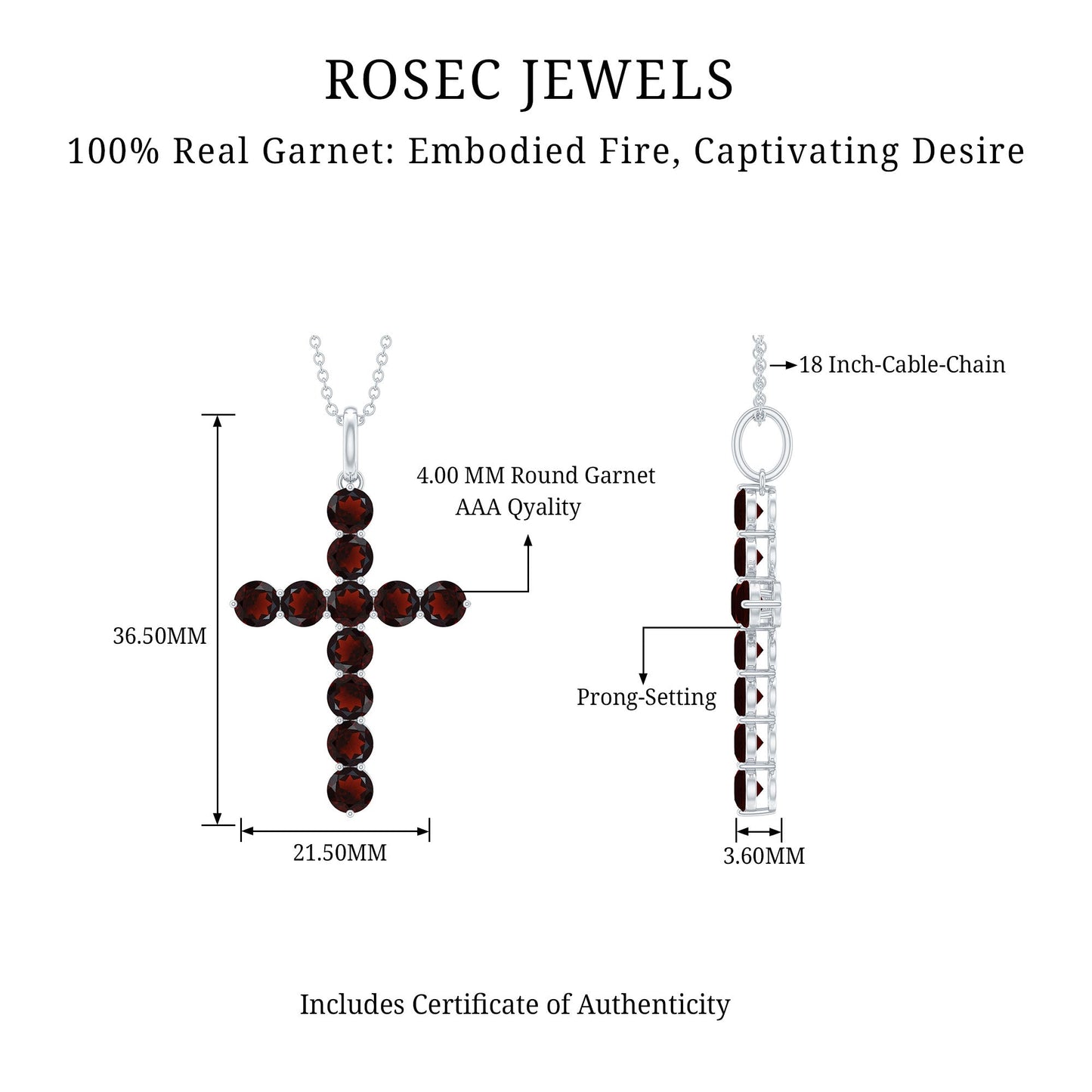 Genuine Garnet Cross Pendant Necklace