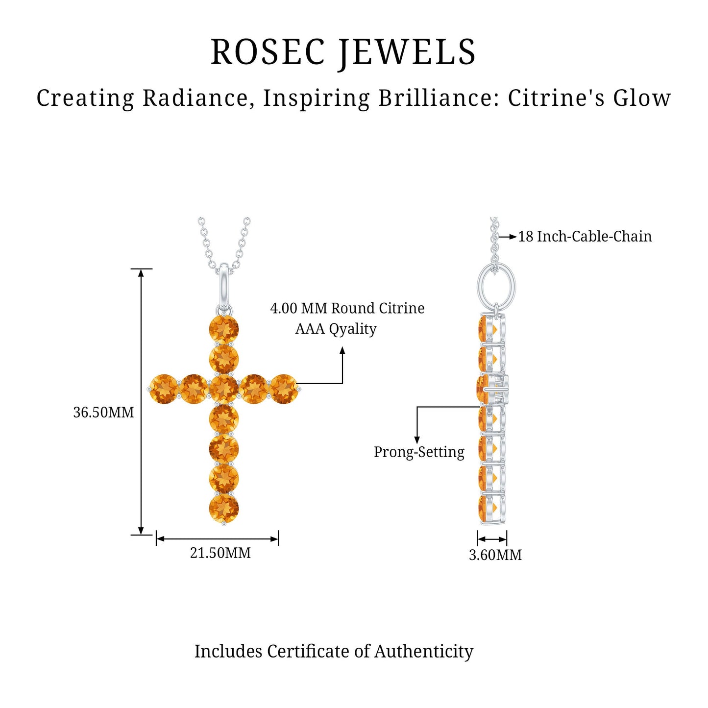 Natural Citrine Silver Cross Necklace with Chain