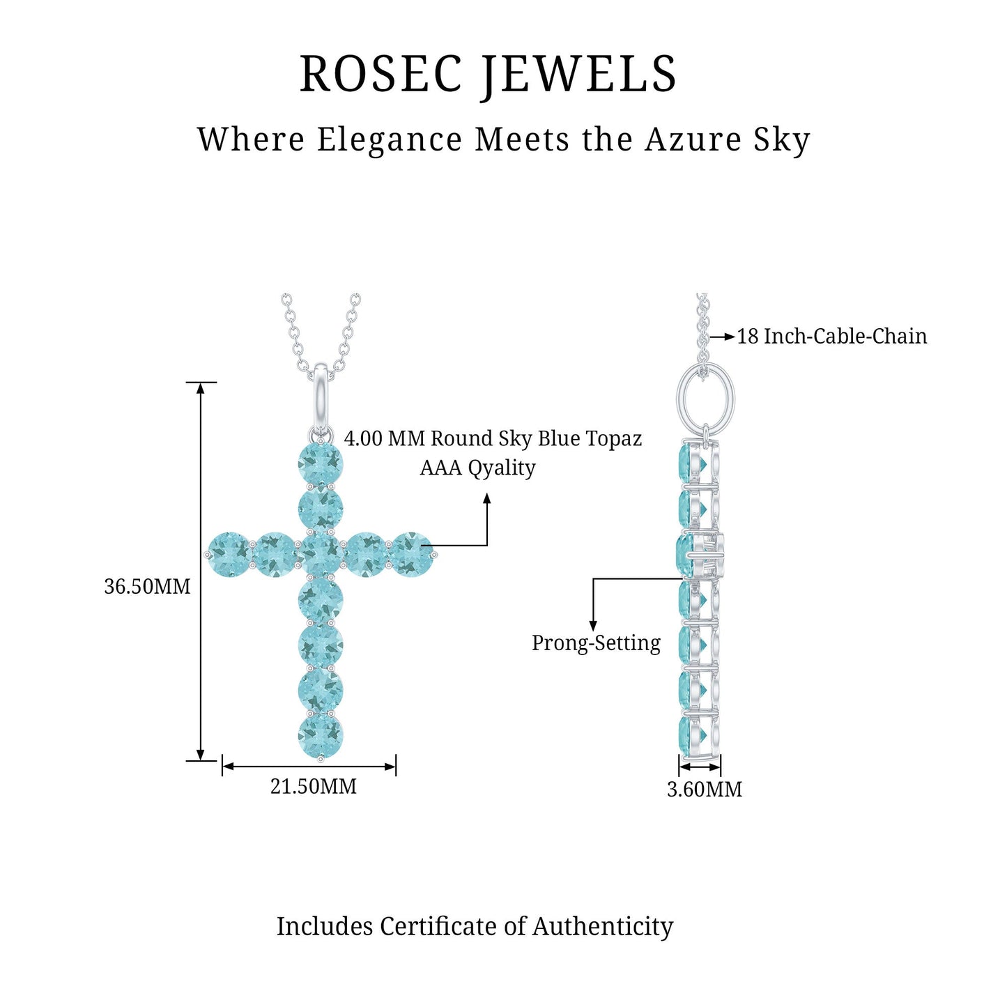 Womens Cross Necklace with Sky Blue Topaz