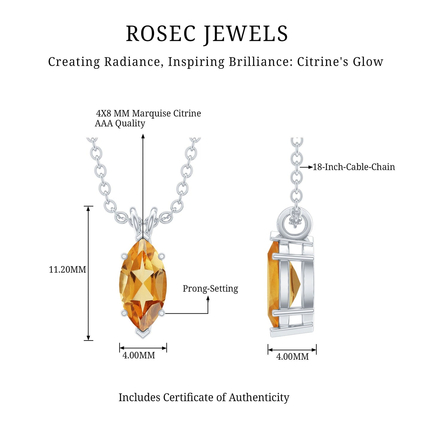 Marquise Cut 4X8 MM Citrine Solitaire Necklace with Silver Chain