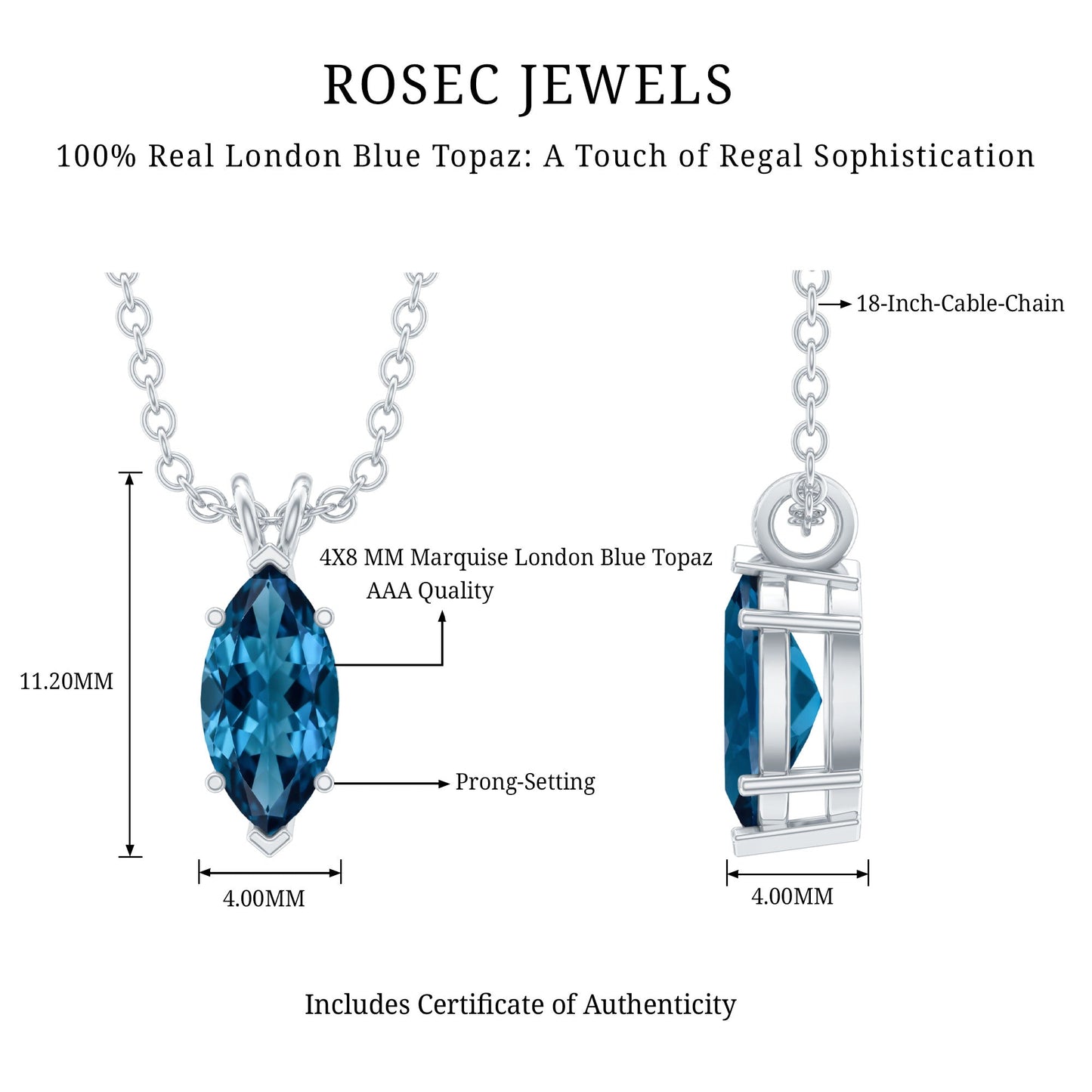 Real 0.7 Carat Marquise London Blue Topaz Necklace with Silver Chain