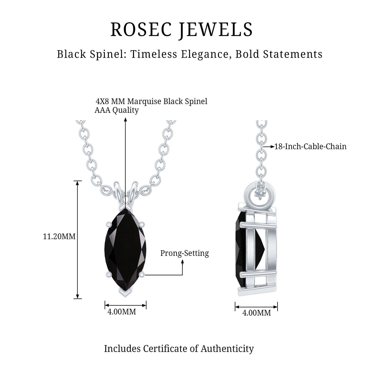 Real 0.7 Carat Black Spinel Marquise Necklace with Silver Chain