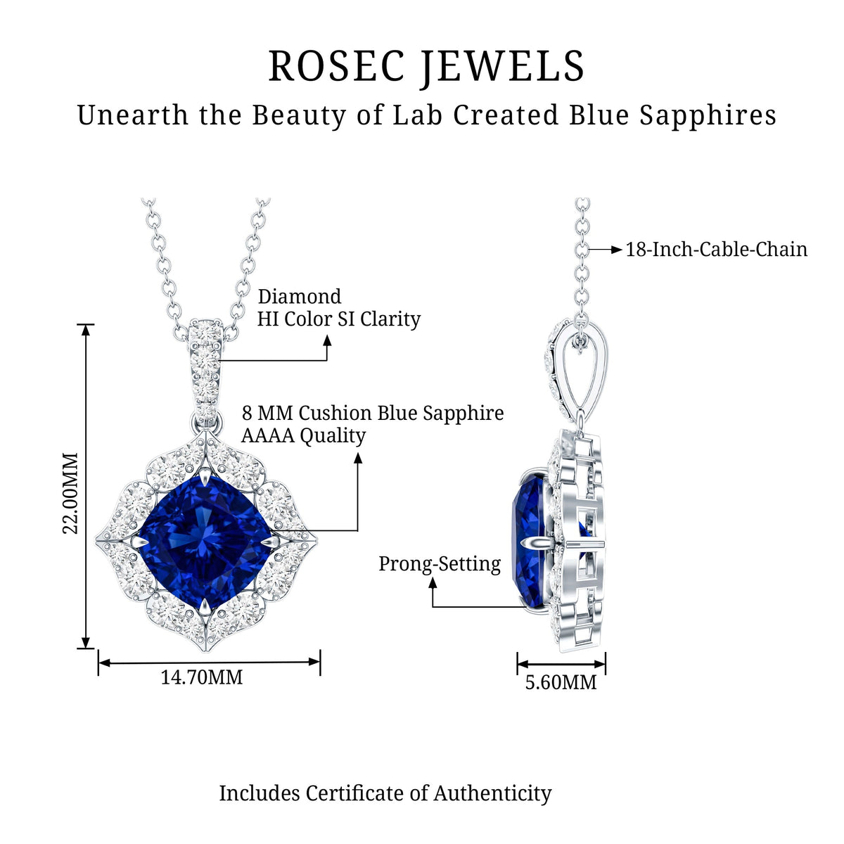 Vintage Inspired Lab Grown Blue Sapphire and Diamond Necklace