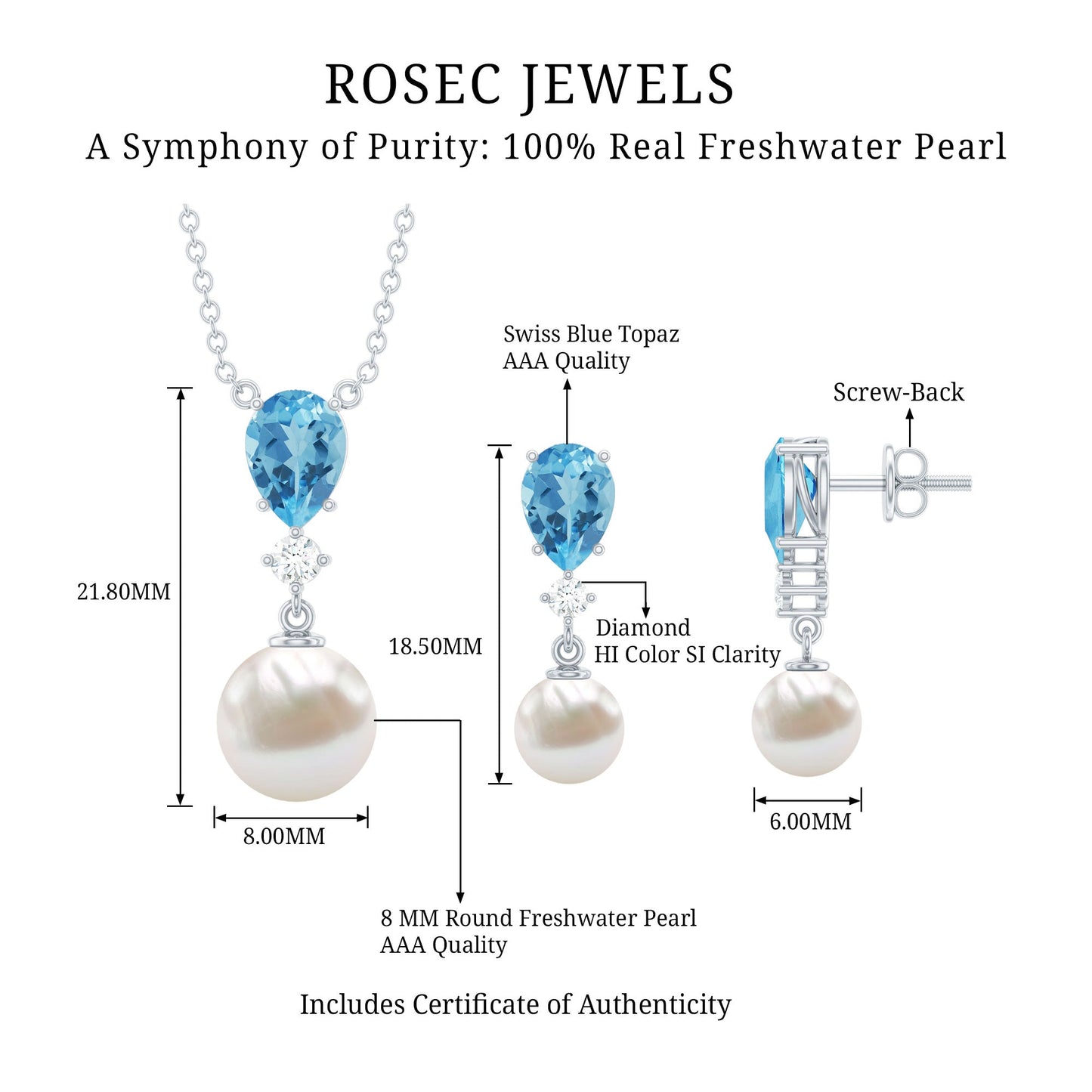 Swiss Blue Topaz and Diamond Jewelry Set with Freshwater Pearl Drop