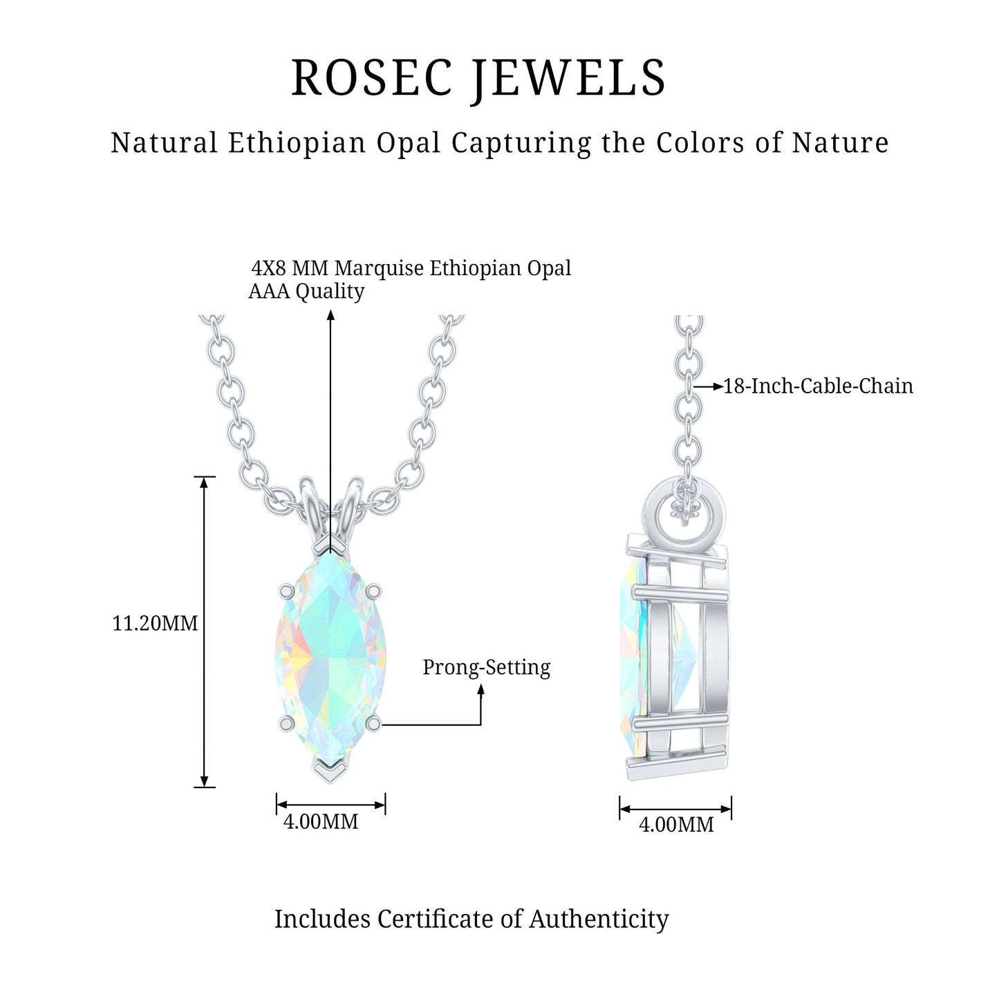 Marquise Cut 0.5 Carat Ethiopian Opal Solitaire Necklace with Silver Chain