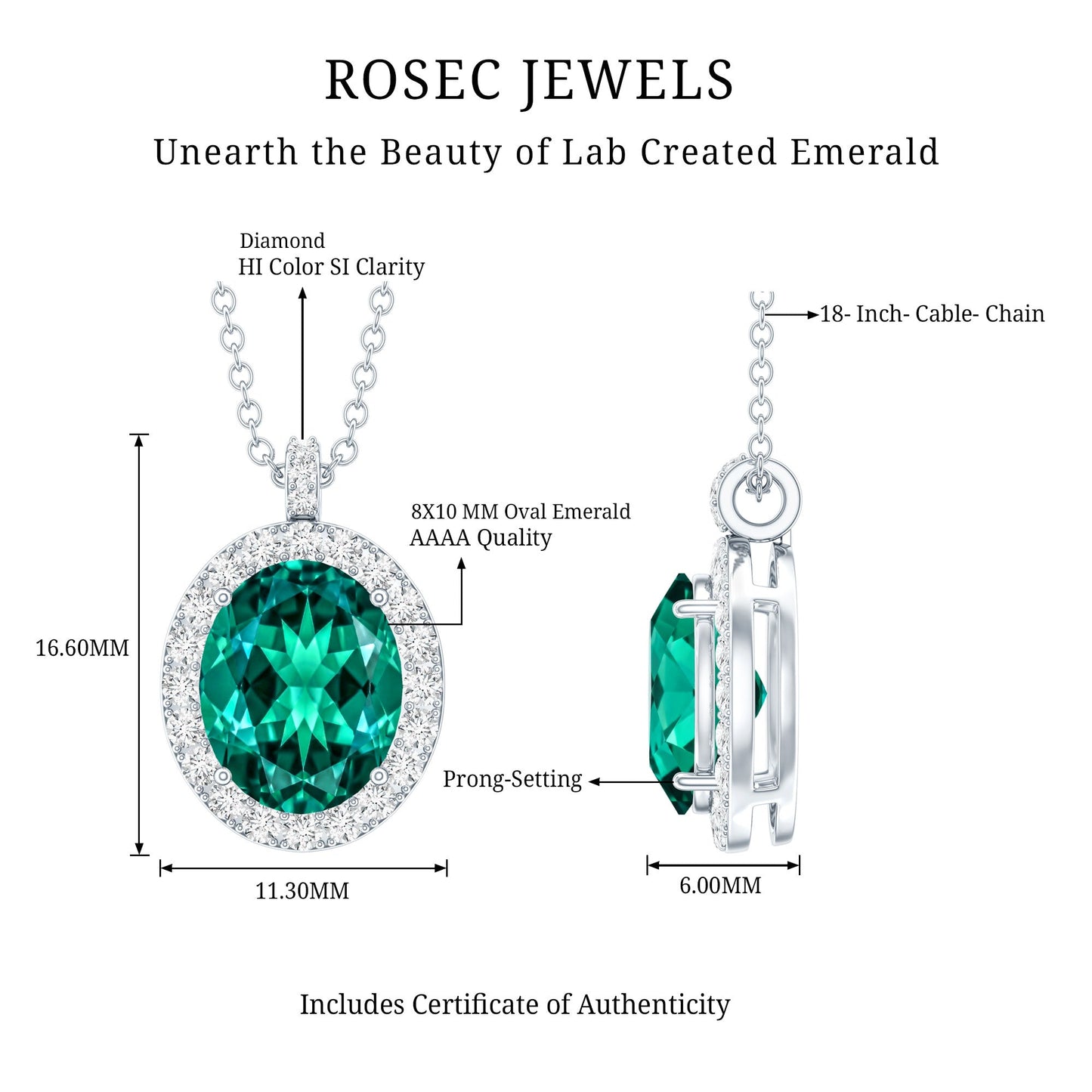 3 Carat Oval Lab Created Emerald Pendant with Diamond Halo