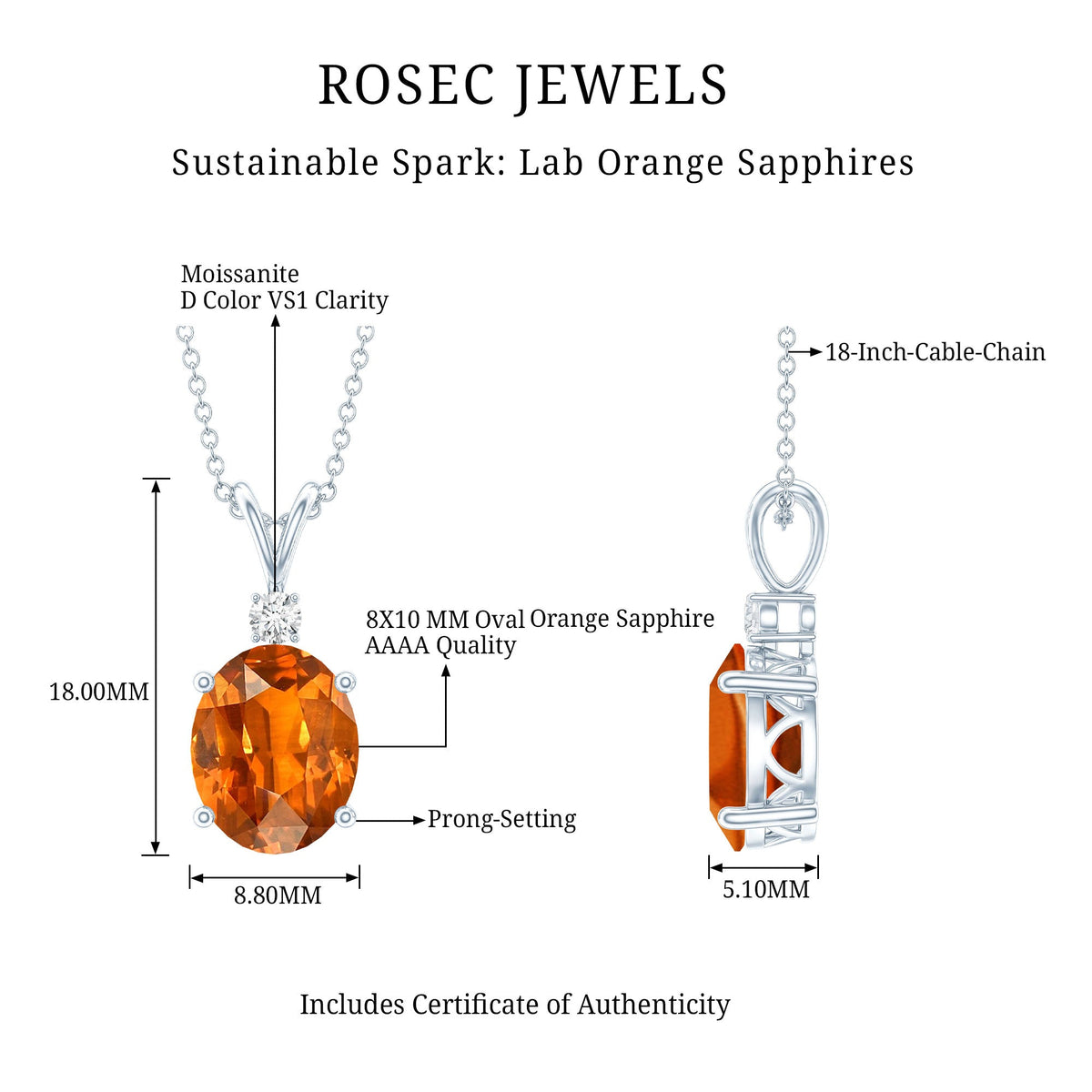 4 Carat Lab Grown Orange Sapphire Oval Pendant Necklace with Silver Chain