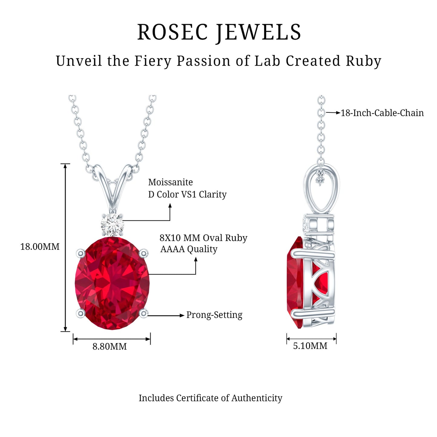 AAAA Quality 4 Carat Lab Grown Ruby Oval Necklace with Silver Chain