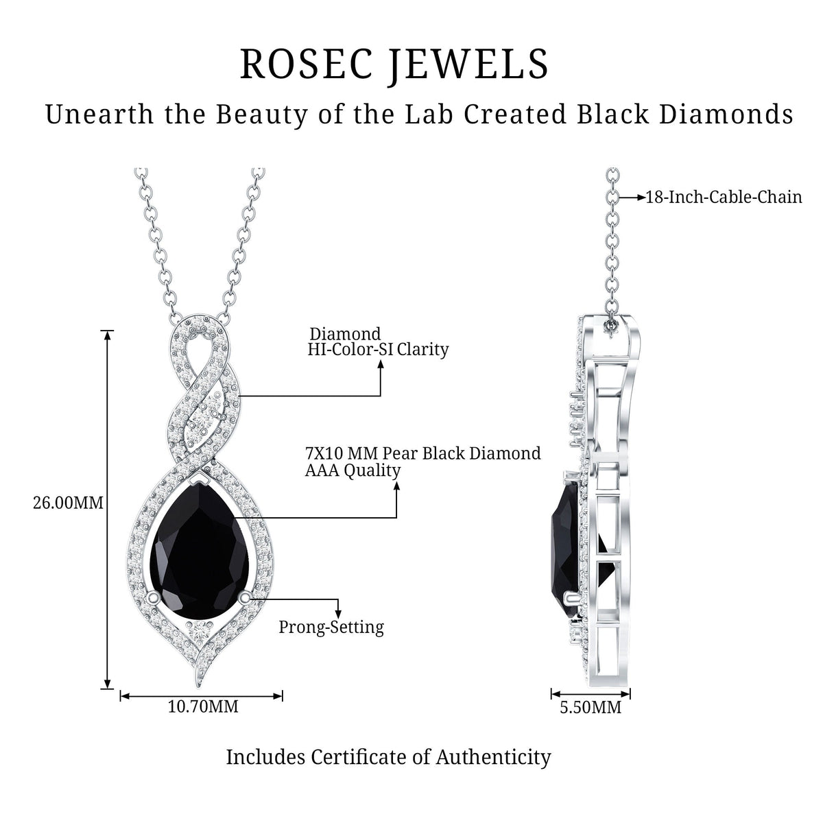 Created Black Diamond Teardrop Dangle Pendant with Diamond Accent