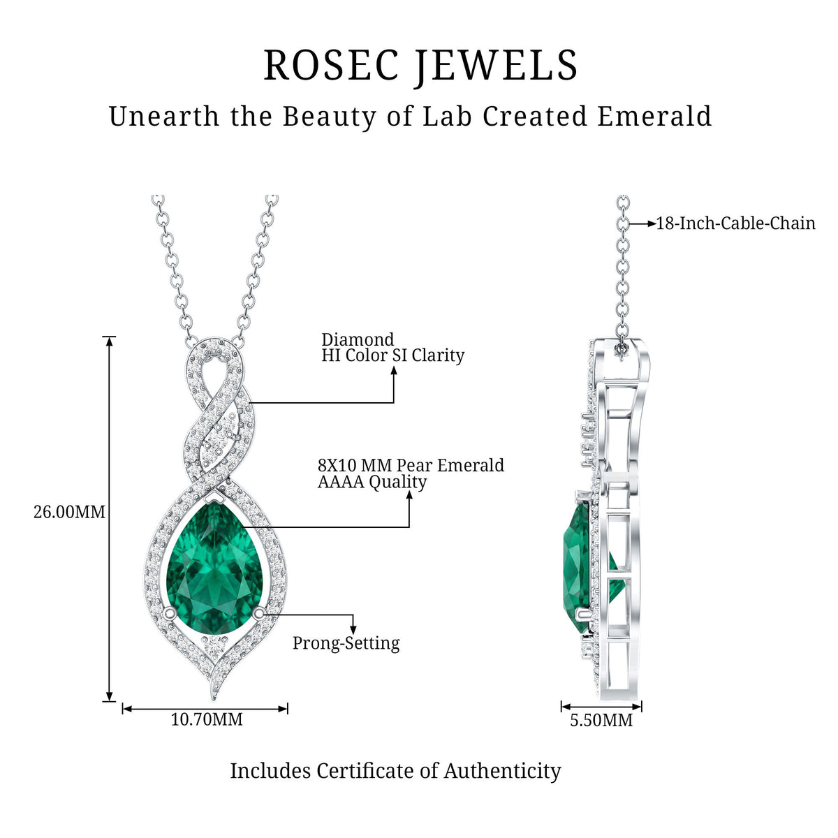 Certified 2.5 Carat Lab Grown Emerald and Diamond Bridal Necklace