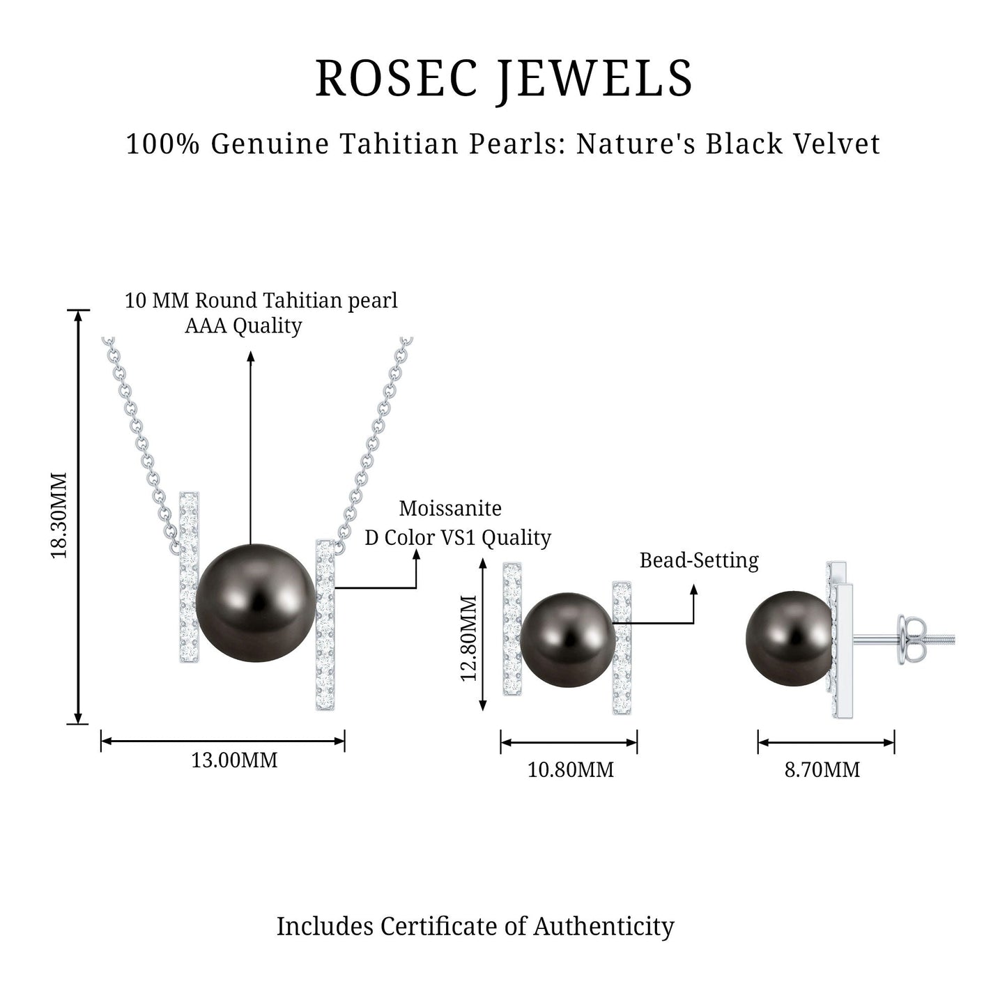 Genuine Black Tahitian Pearl Necklace and Earrings Set with Moissanite