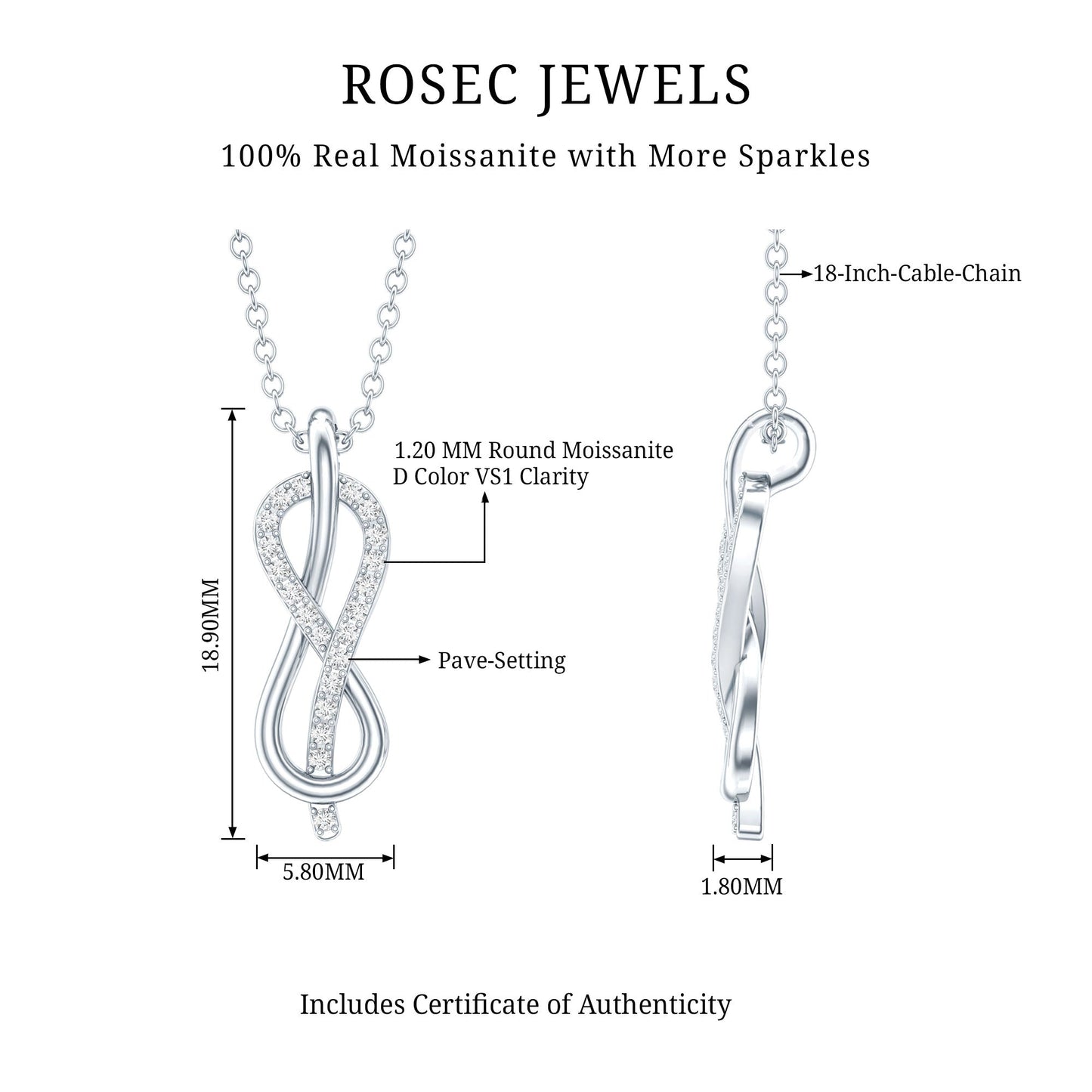 Certified Moissanite Infinity Pendant Necklace with Chain