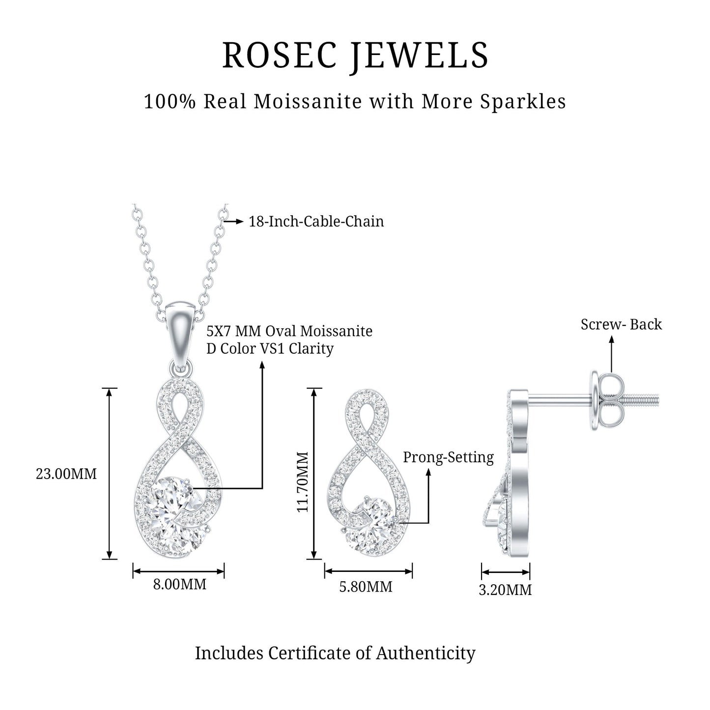 Certified 0.9 Carat Moissanite Infinity Necklace and Earring Set