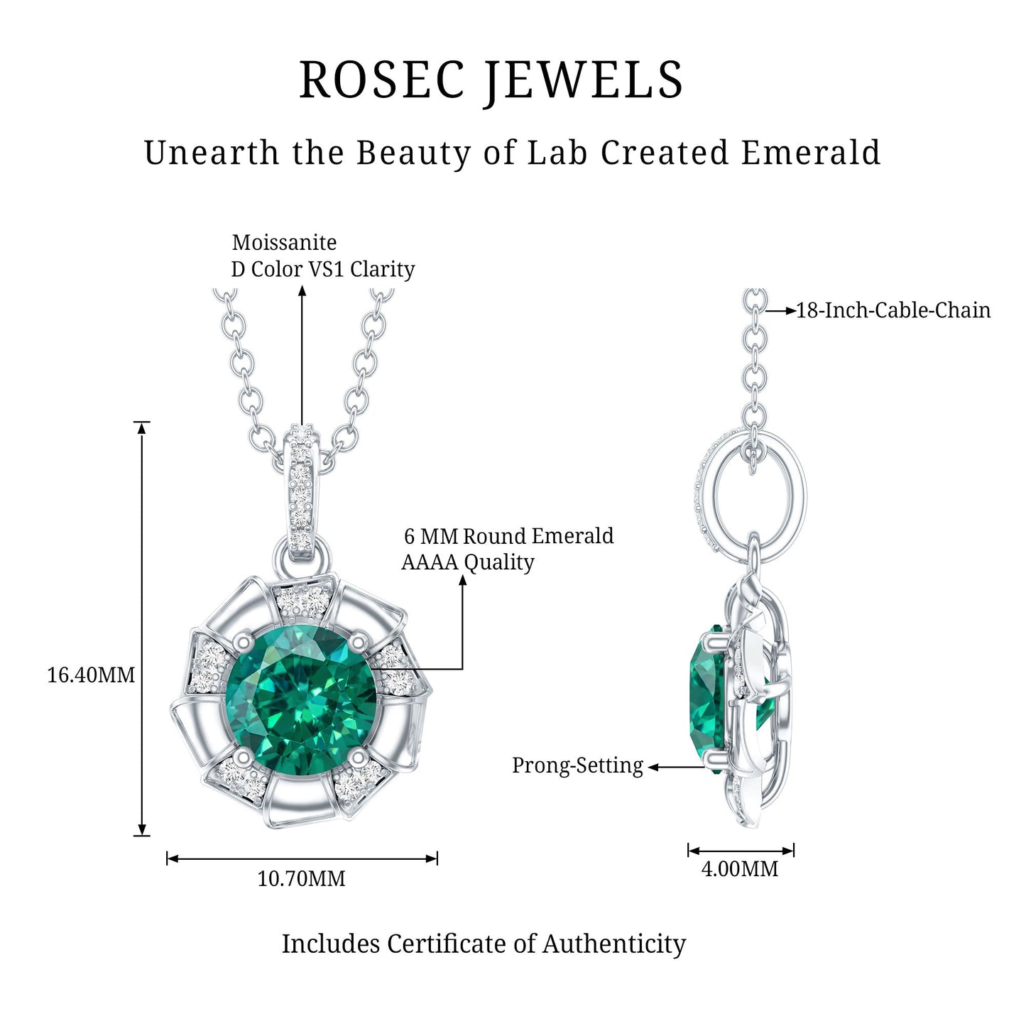 Lab Grown Emerald Moissanite Vintage Inspired Necklace with Chain