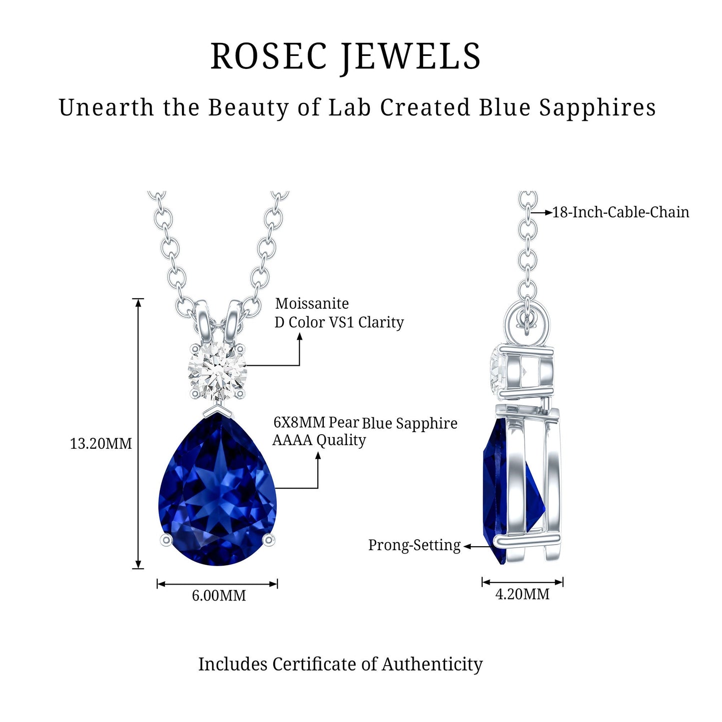 Lab Created Blue Sapphire Teardrop Necklace with Moissanite