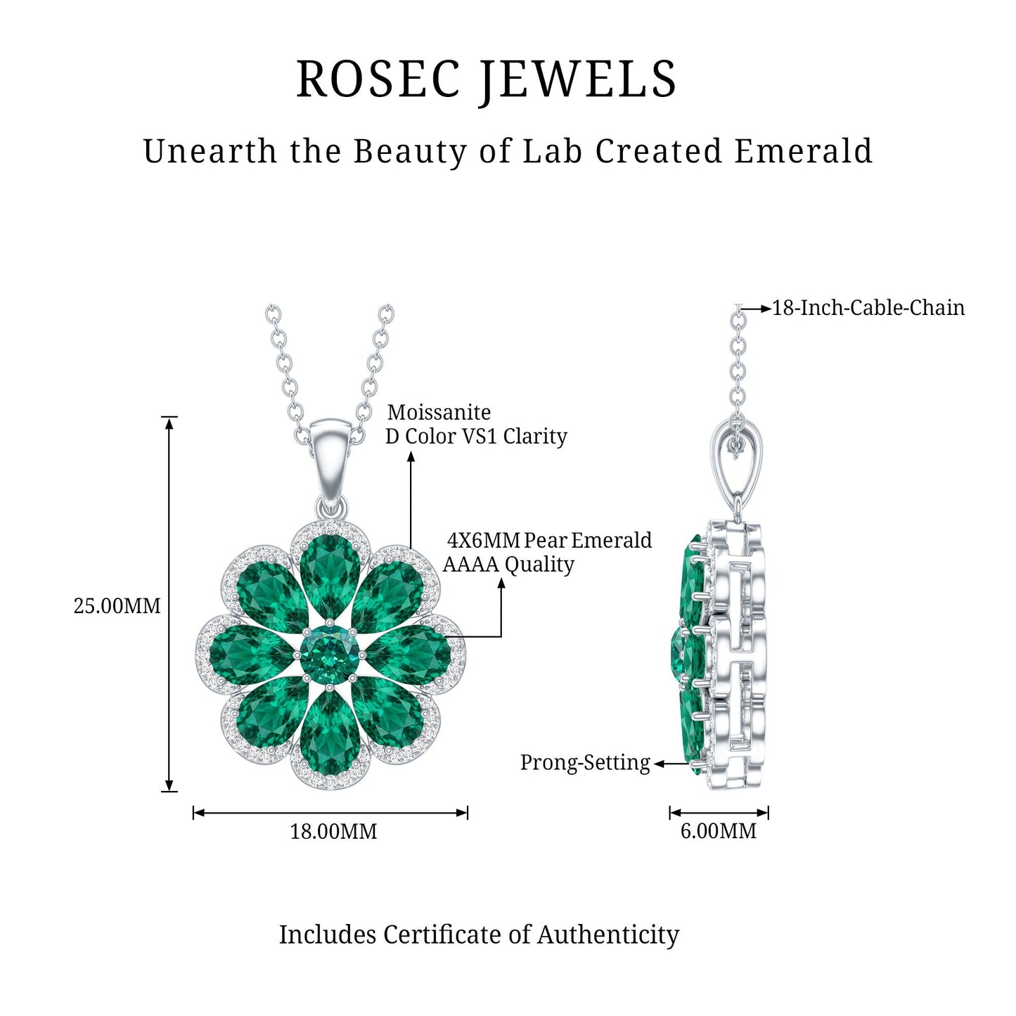 Womens Lab Grown Emerald Flower Necklace with Chain