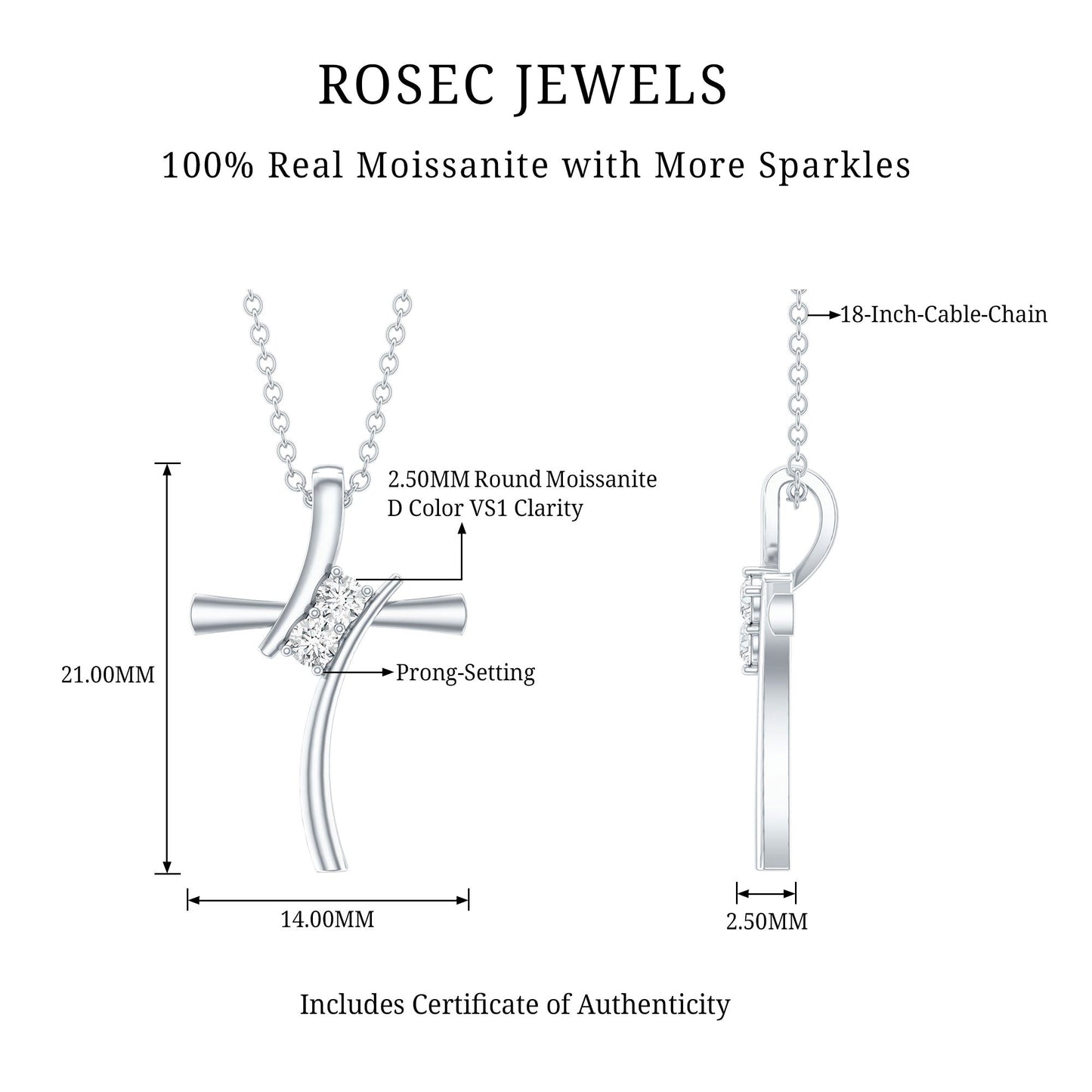 Certified Moissanite Cross Pendant Necklace in sterling Silver