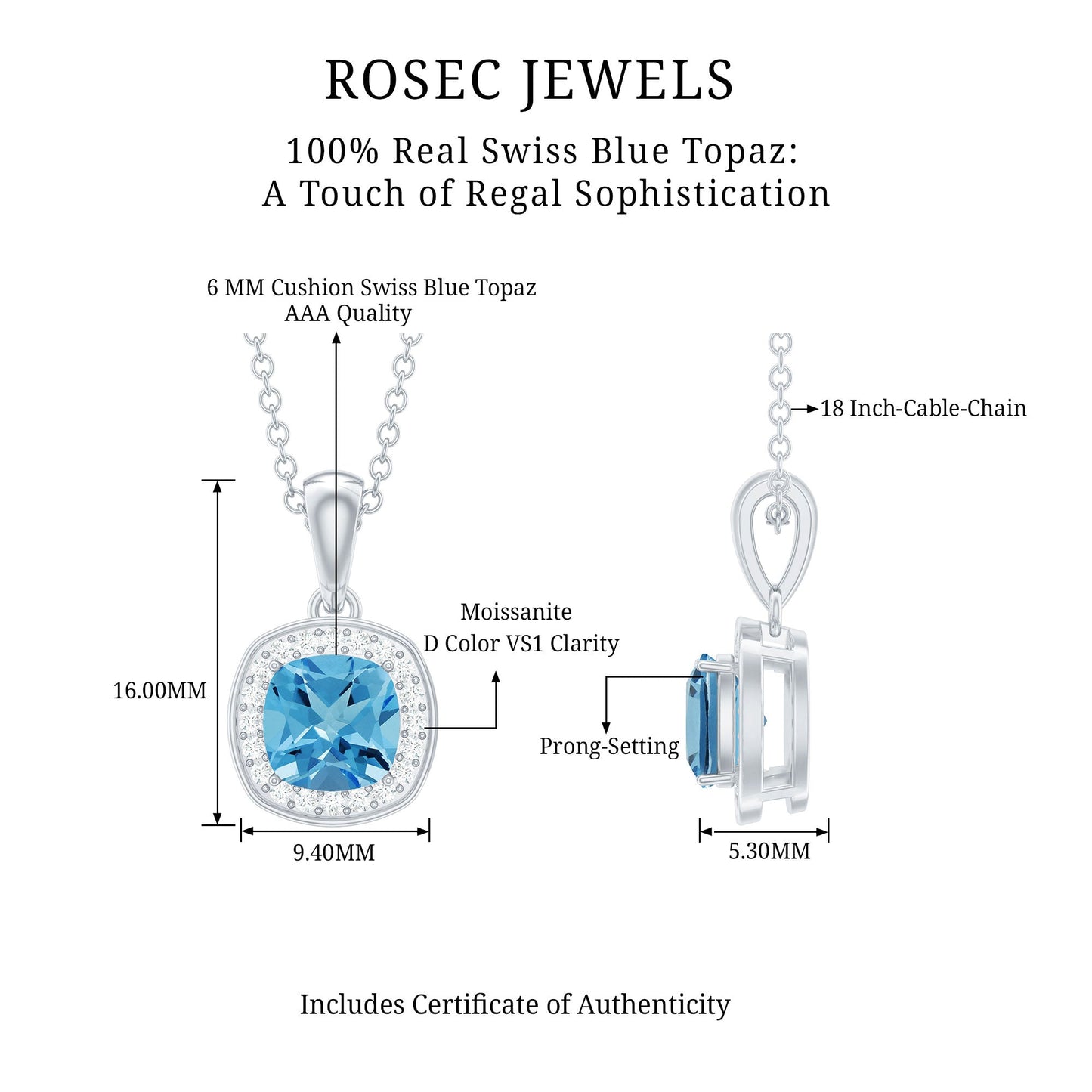 Natural Cushion Cut Swiss Blue Topaz Moissanite Halo Necklace with Silver Chain