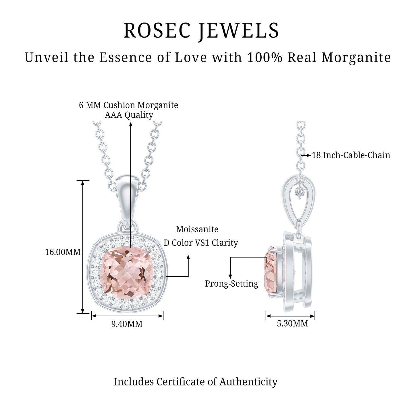 Natural Cushion Cut 1 Carat Morganite Necklace with Moissanite Halo