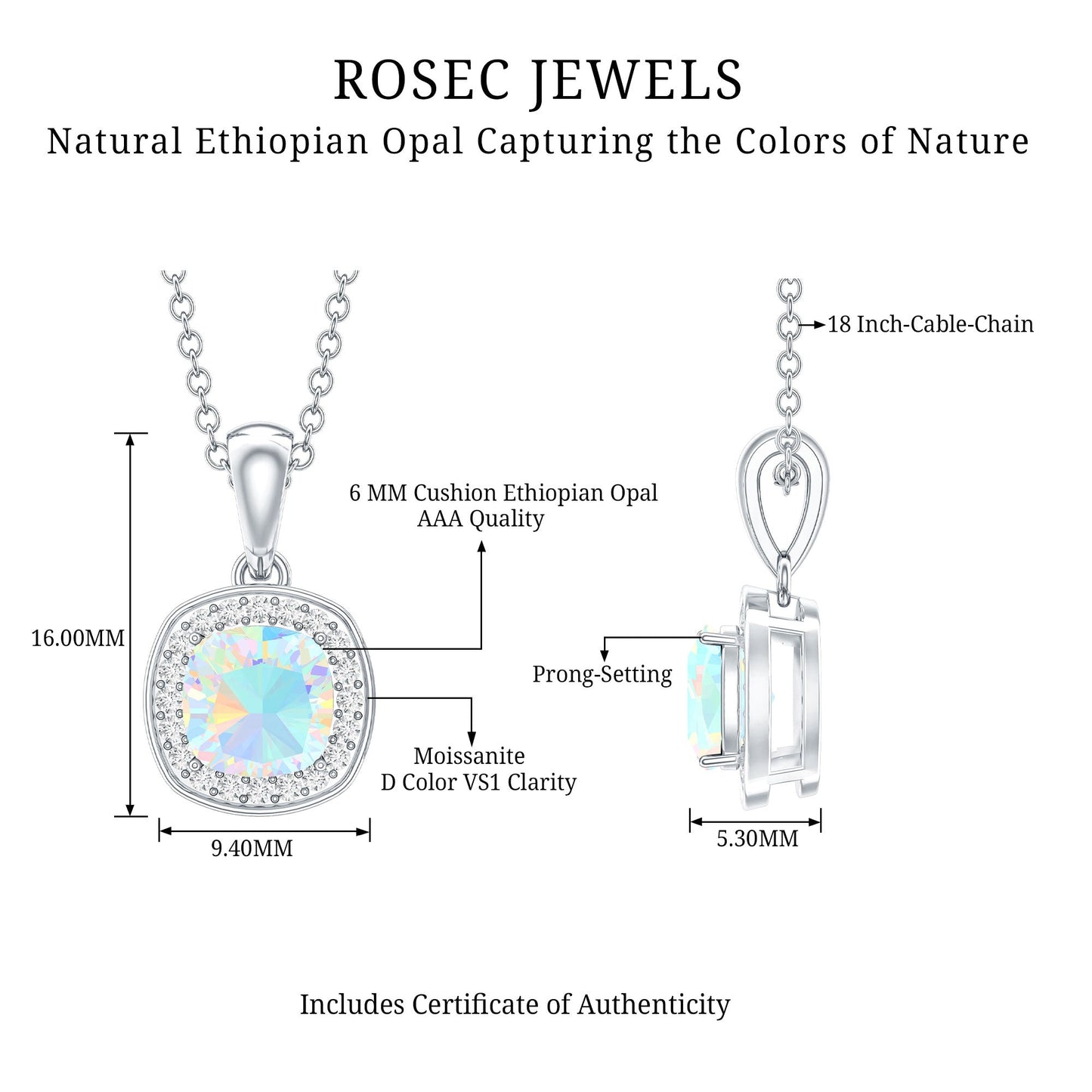 Cushion Cut 1 Carat Rainbow Opal Pendant Necklace with Silver Chain