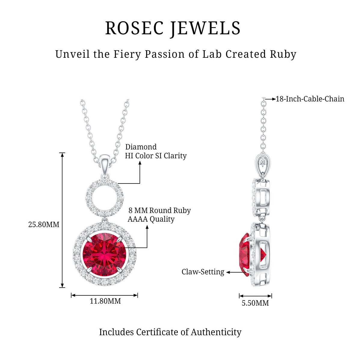Lab Grown Ruby and Diamond Halo Dangle Pendant Necklace
