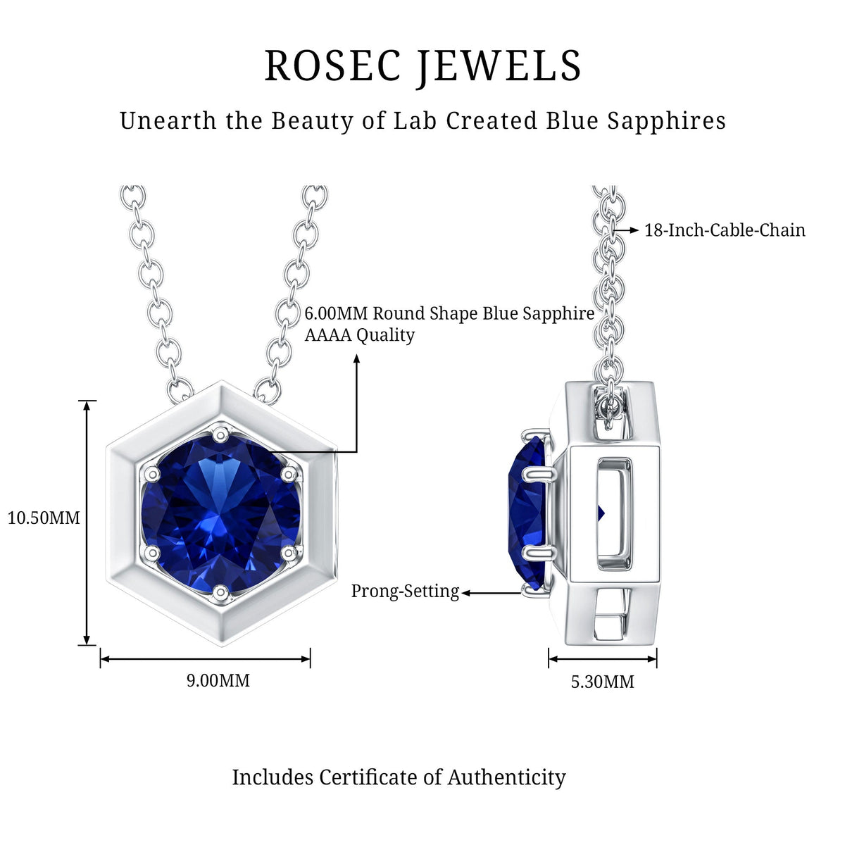 1 Carat Lab Grown Blue Sapphire Hexagon Necklace for Women