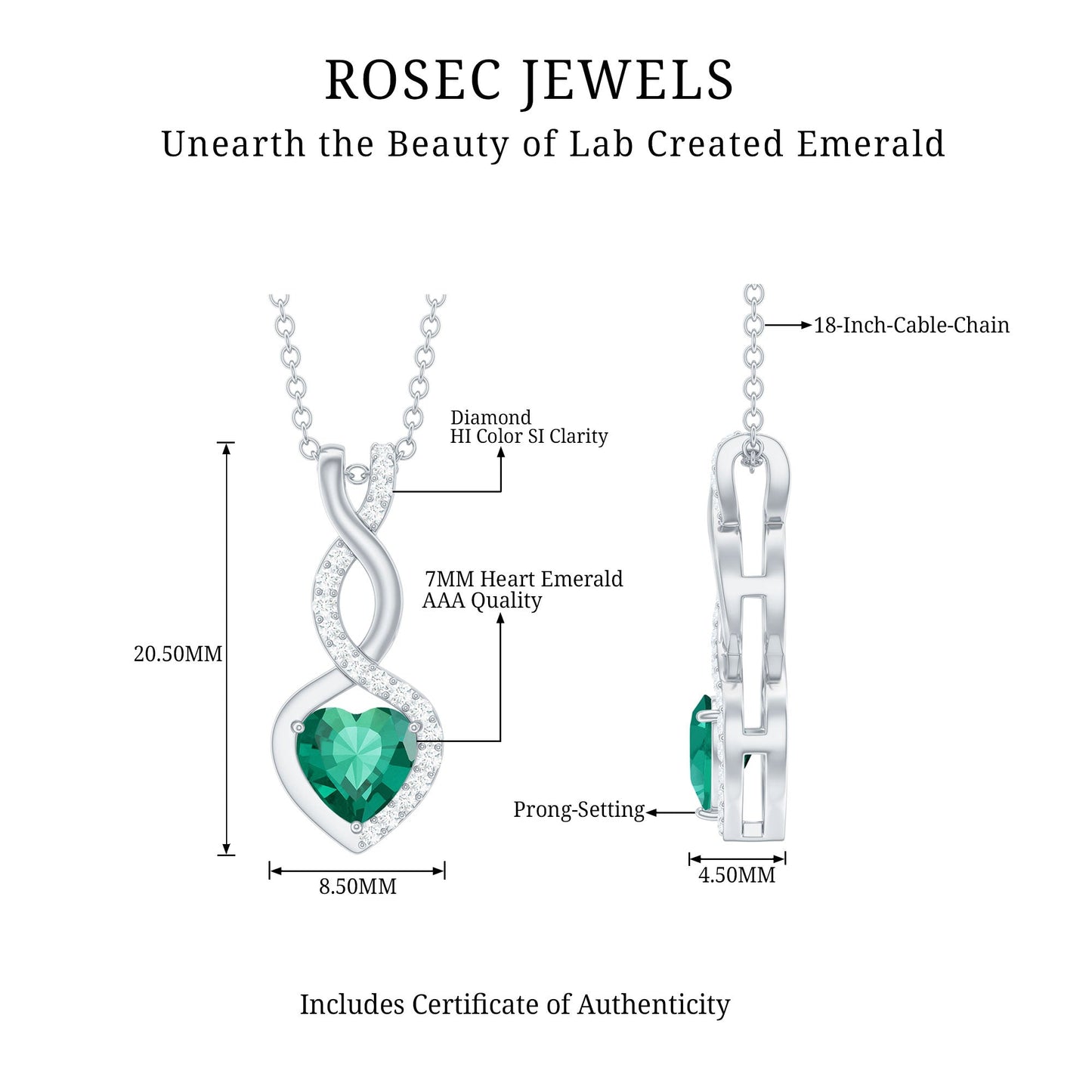 Certified 1.3 Carat Lab Grown Emerald Infinity Heart Pendant Necklace with Diamond
