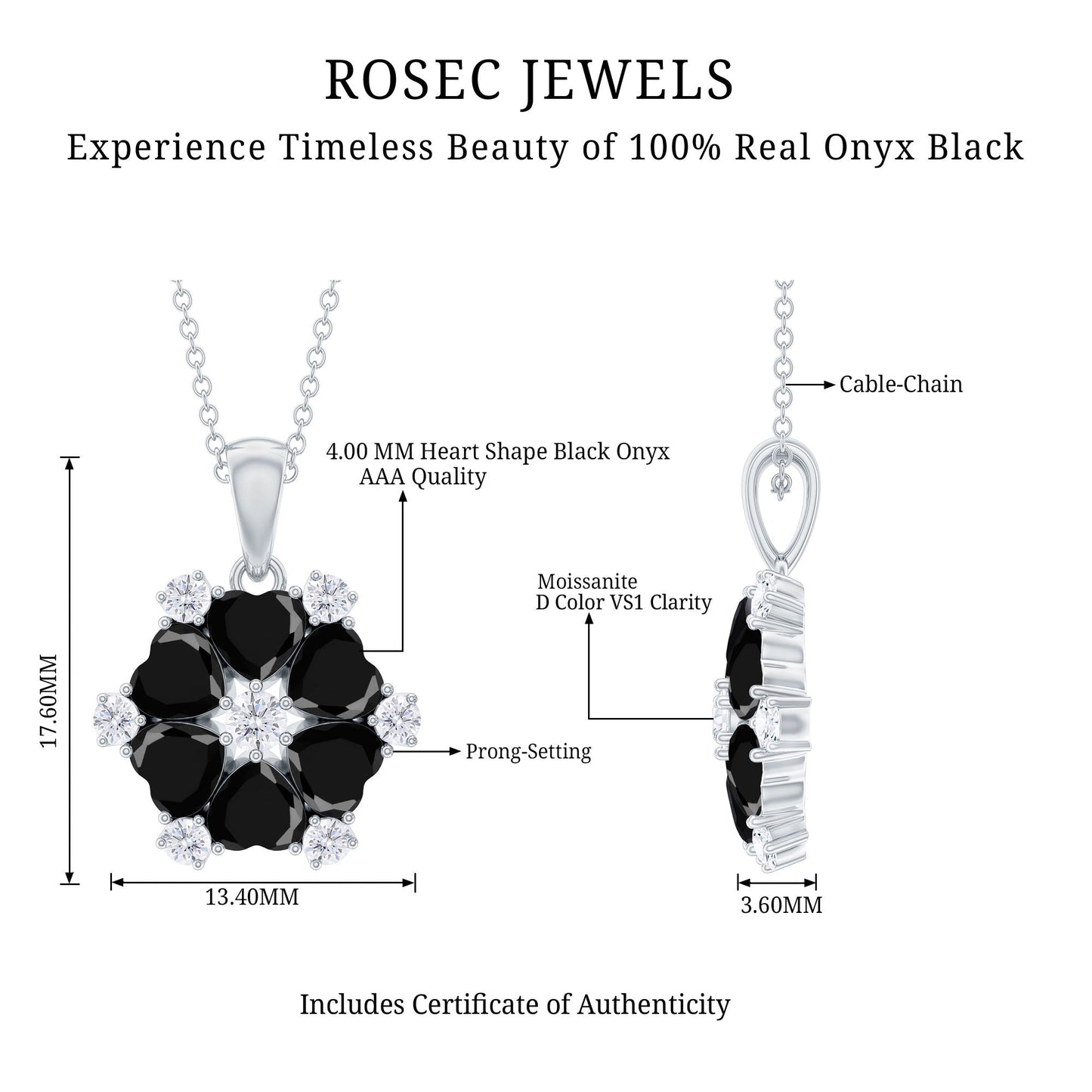 Heart Shaped Black Onyx Flower Pendant with Moissanite