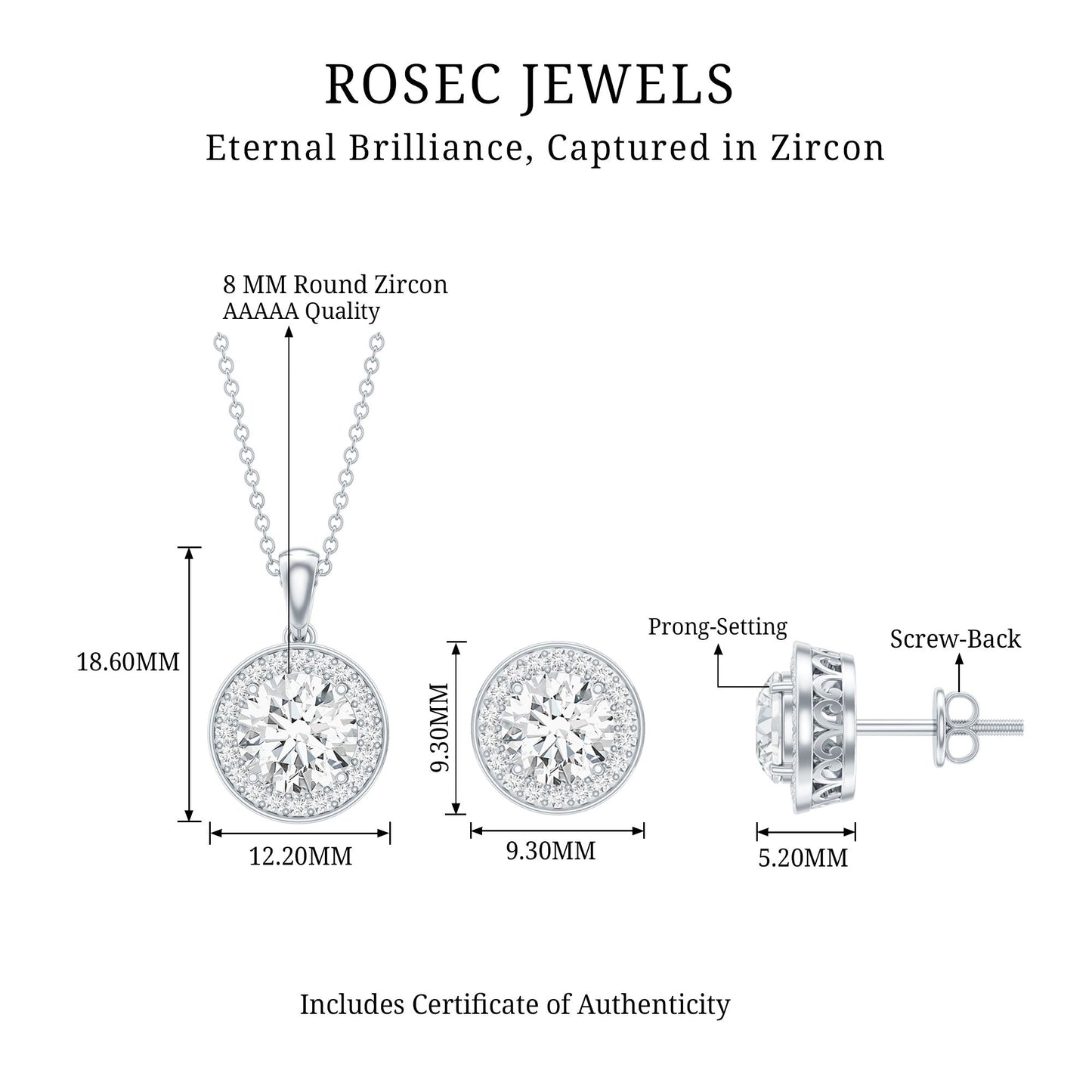 Certified 4 Carat Round Cubic Zirconia Halo Necklace and Earrings in Silver