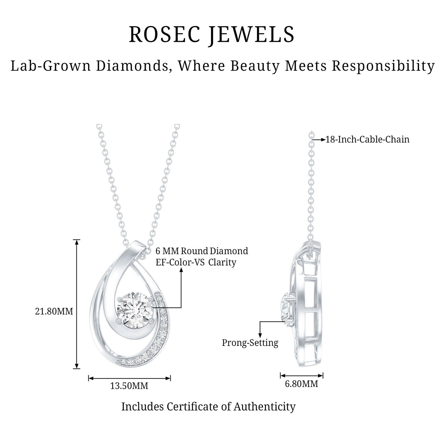0.9 Carat Round Lab Grown Diamond Teardrop Necklace for Women