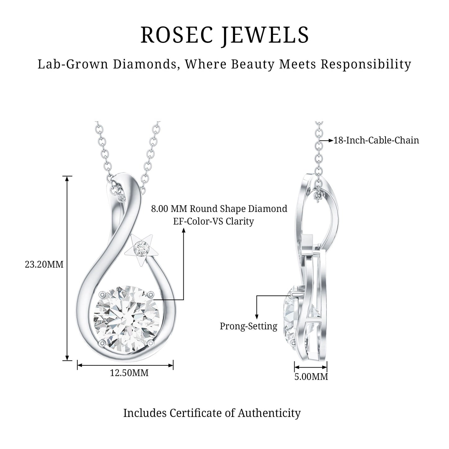 2 Carat Round Solitaire Lab Grown Diamond Teardrop Necklace