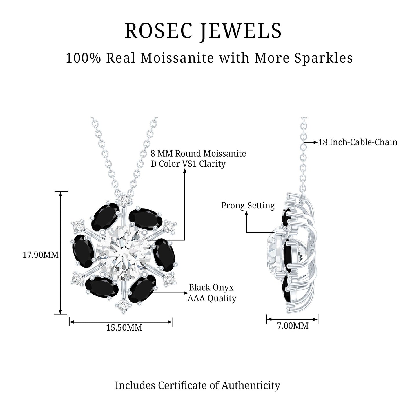 Certified 2 Carat Moissanite Statement Necklace with Black Onyx