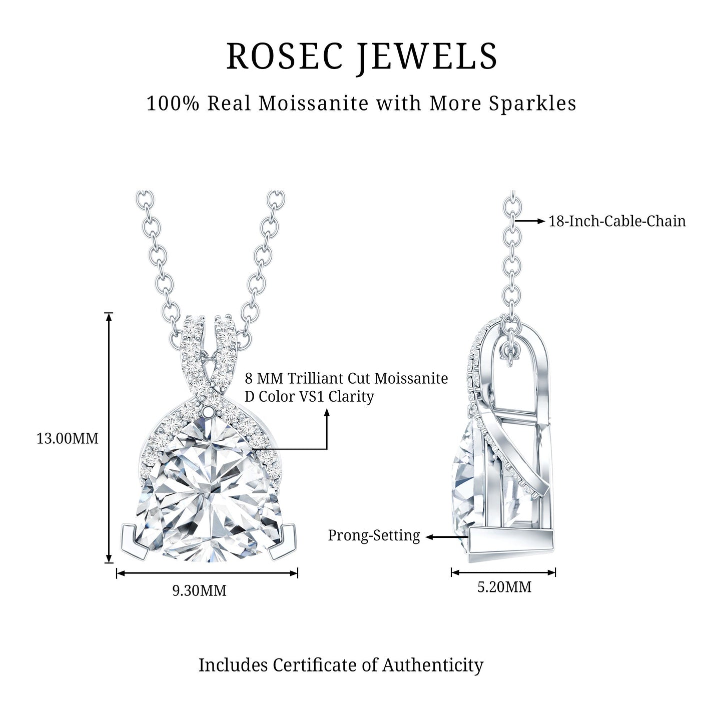 Trilliant Cut 1.6 CT Moissanite Designer Necklace with Silver Chain