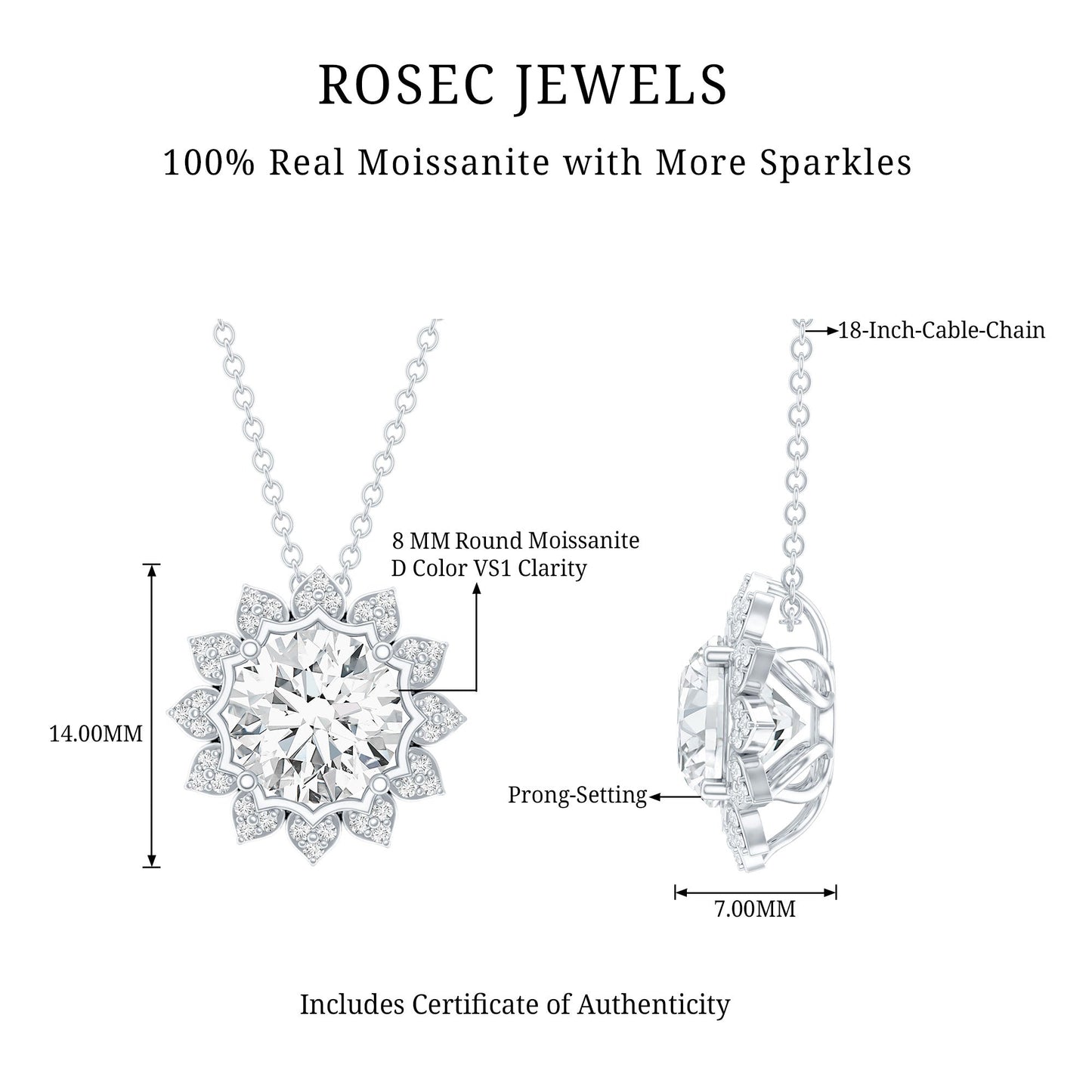 Certified 2 Carat Moissanite Sunflower Pendant Necklace with Silver Chain