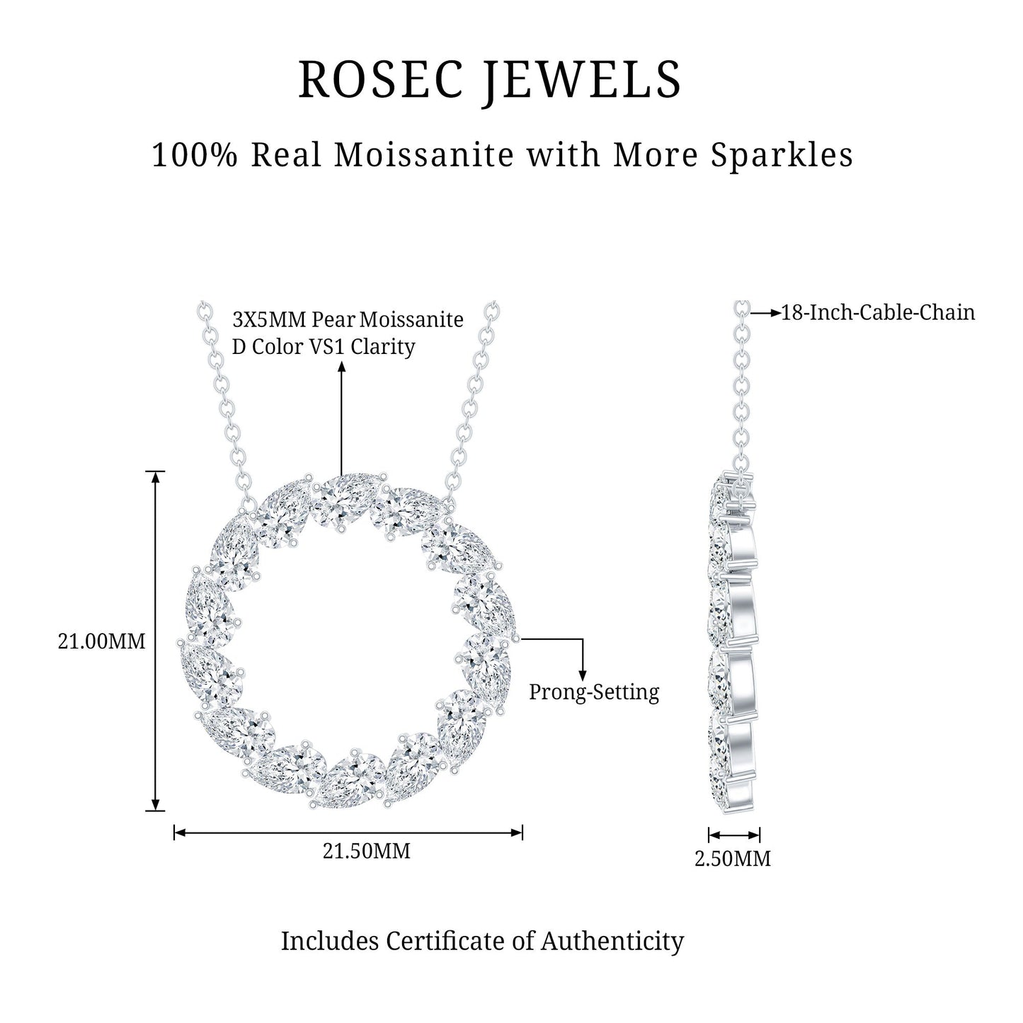Certified Pear Shape 2 Carat Moissanite Circle Necklace with Silver Chain