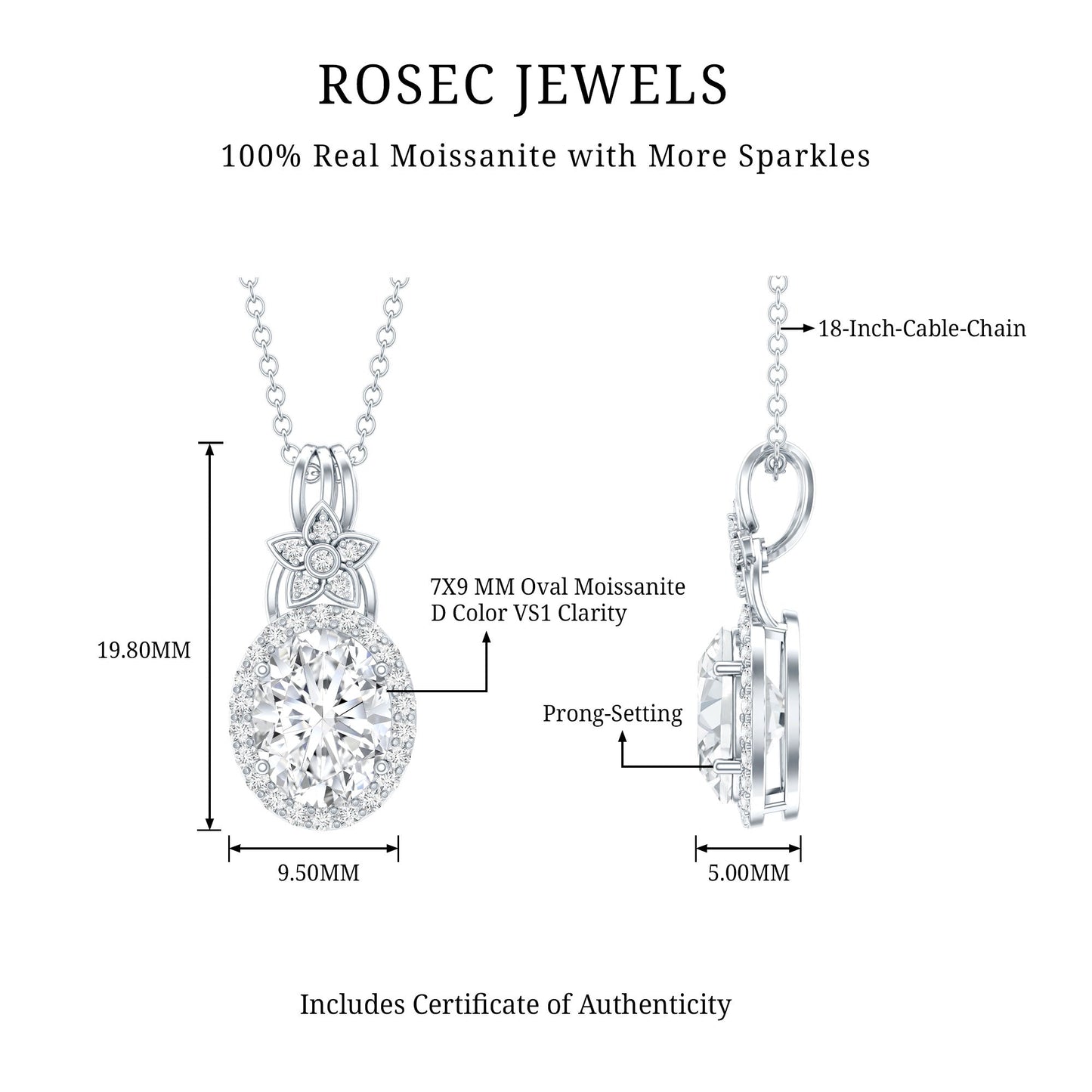 2 Carat Vintage Inspired Moissanite Halo Necklace in 14k Gold Plated Silver