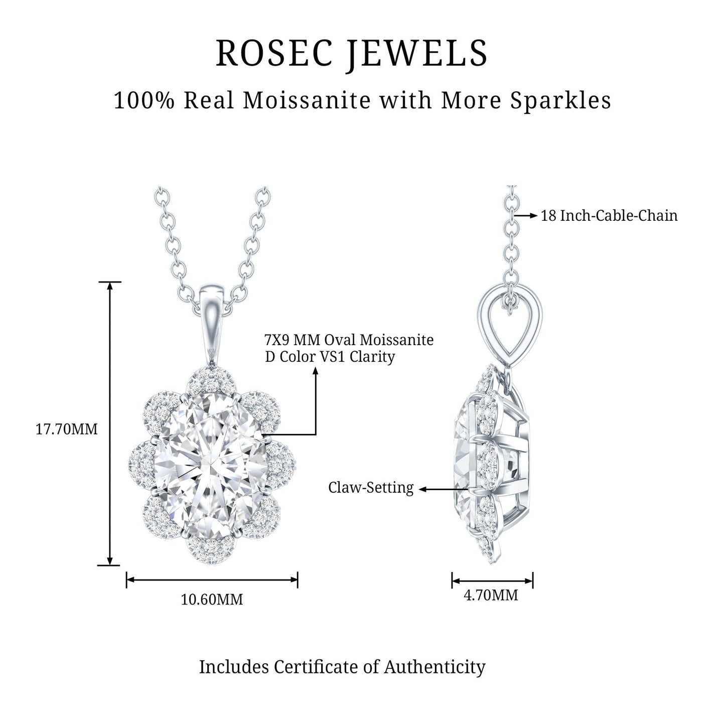 2 Carat Flower Inspired Moissanite Oval Necklace with Silver Chain