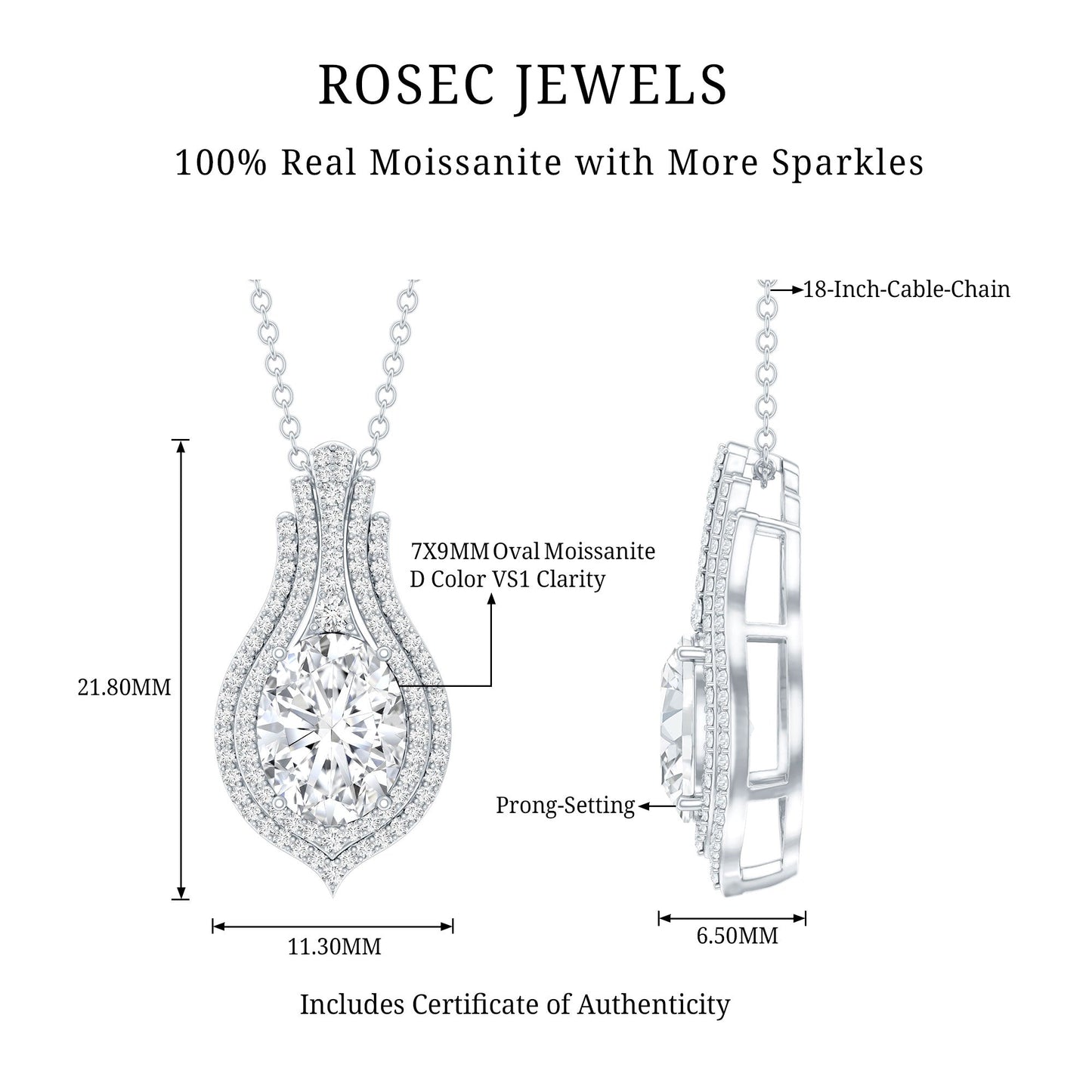 Certified 2 Carat Oval Moissanite Statement Wedding Necklace with Chain