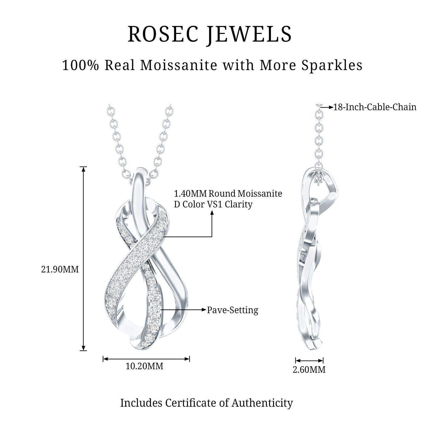 Pave Set Moissanite Infinity Knot Necklace with Silver Chain