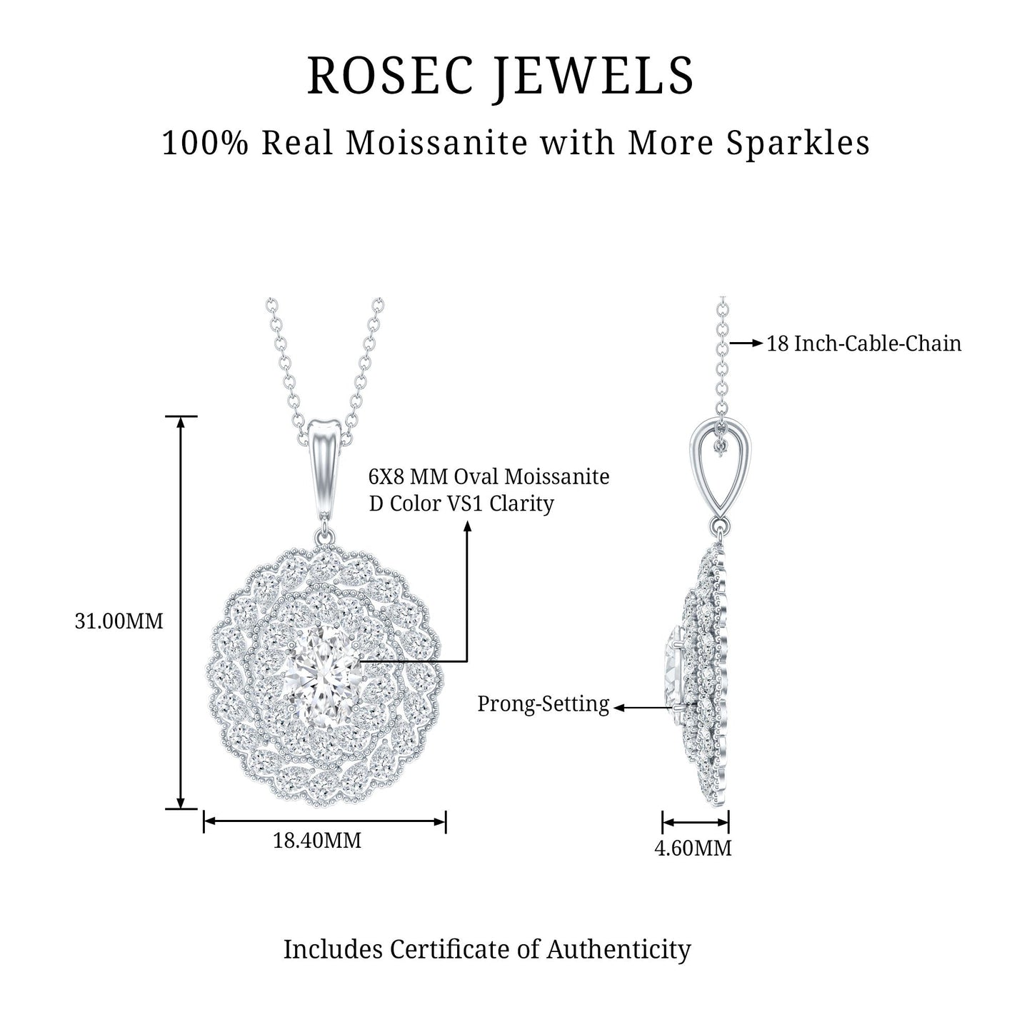 Certified 1.29 Carat Oval Moissanite Bridal Statement Necklace with Chain