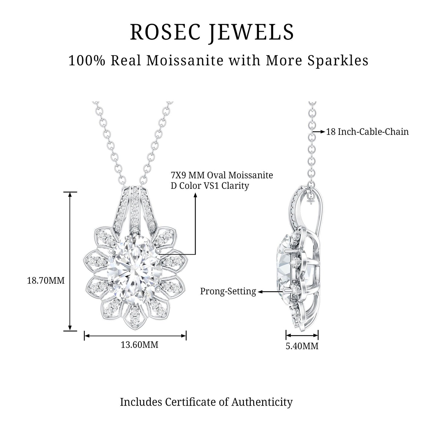 Certified 2 Carat Oval Moissanite Vintage Necklace with Silver Chain