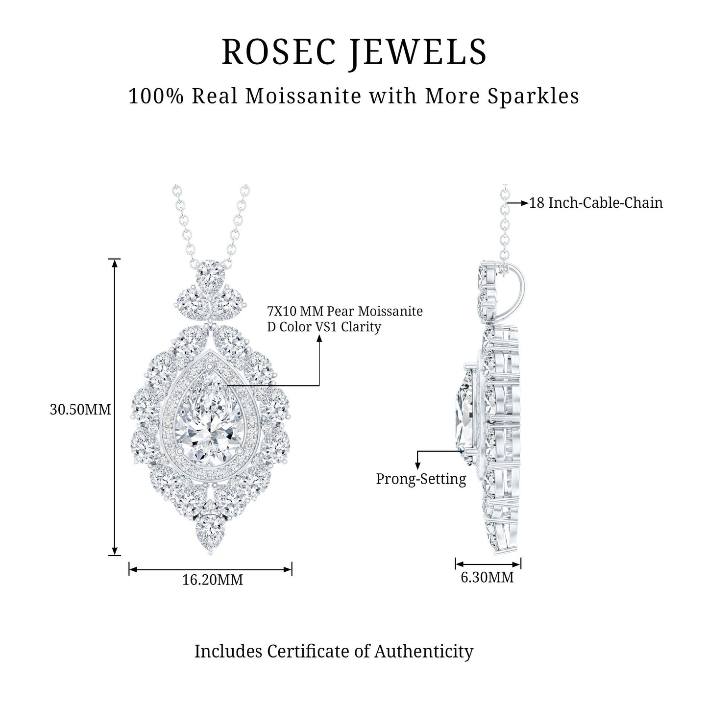 Certified 2.2 Carat Pear Shaped Moissanite Bridal Necklace with Silver Chain