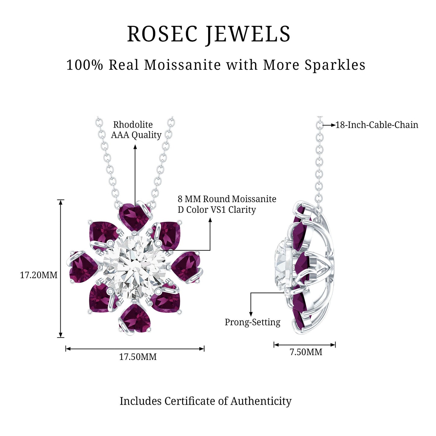 2 Carat Moissanite Designer Necklace with Rhodolite