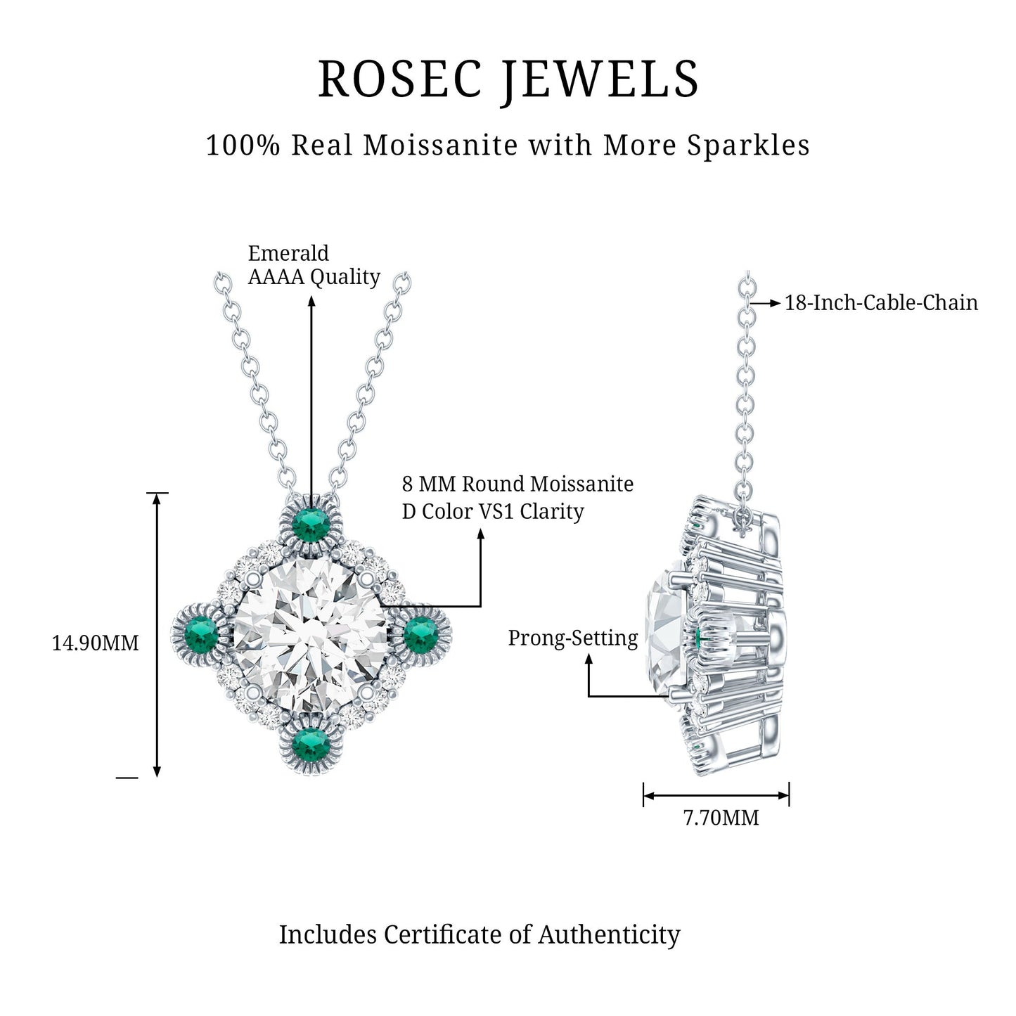2 Carat Moissanite Vintage Inspired Necklace with Lab Emerald