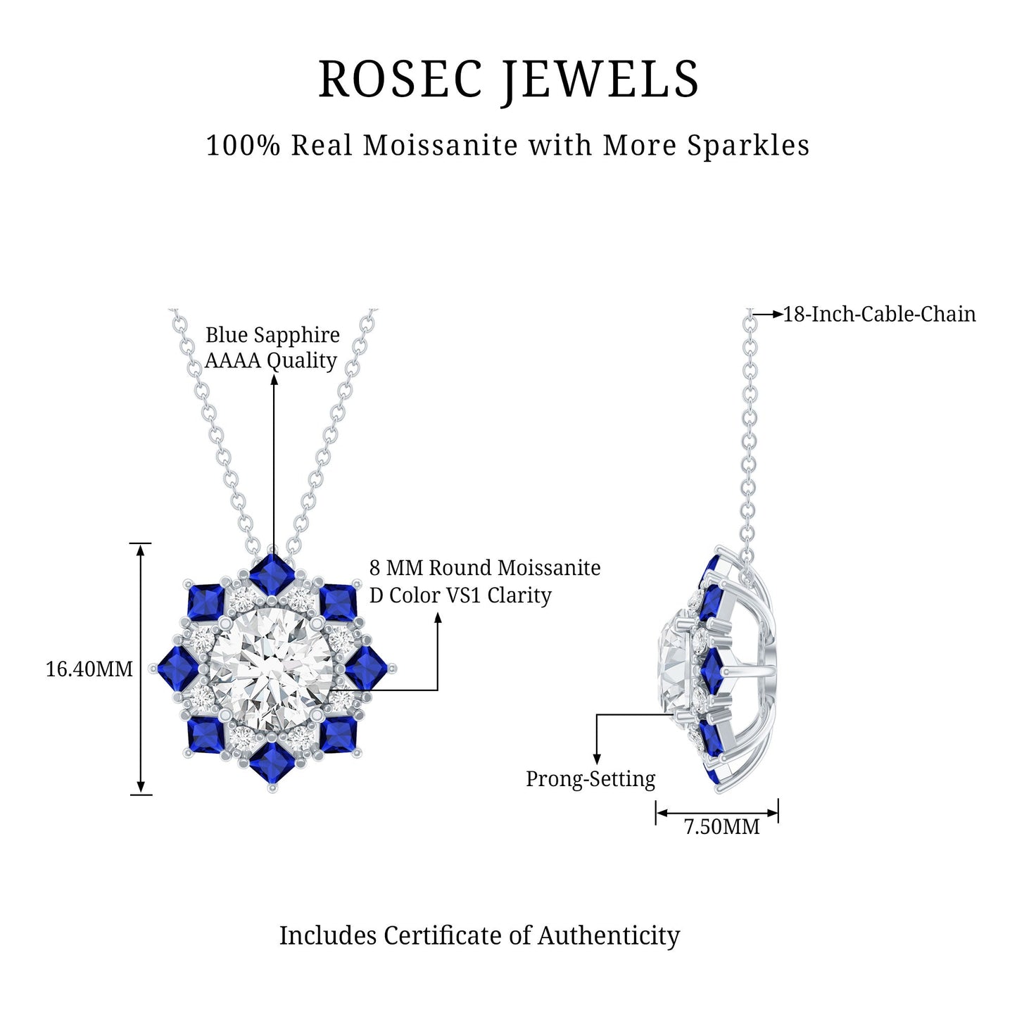 Certified 2 Carat Moissanite and Sapphire Designer Necklace with Silver Chain