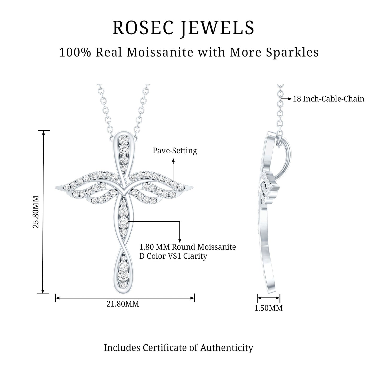 Certified Moissanite Angel Wings Cross Necklace with Silver Chain