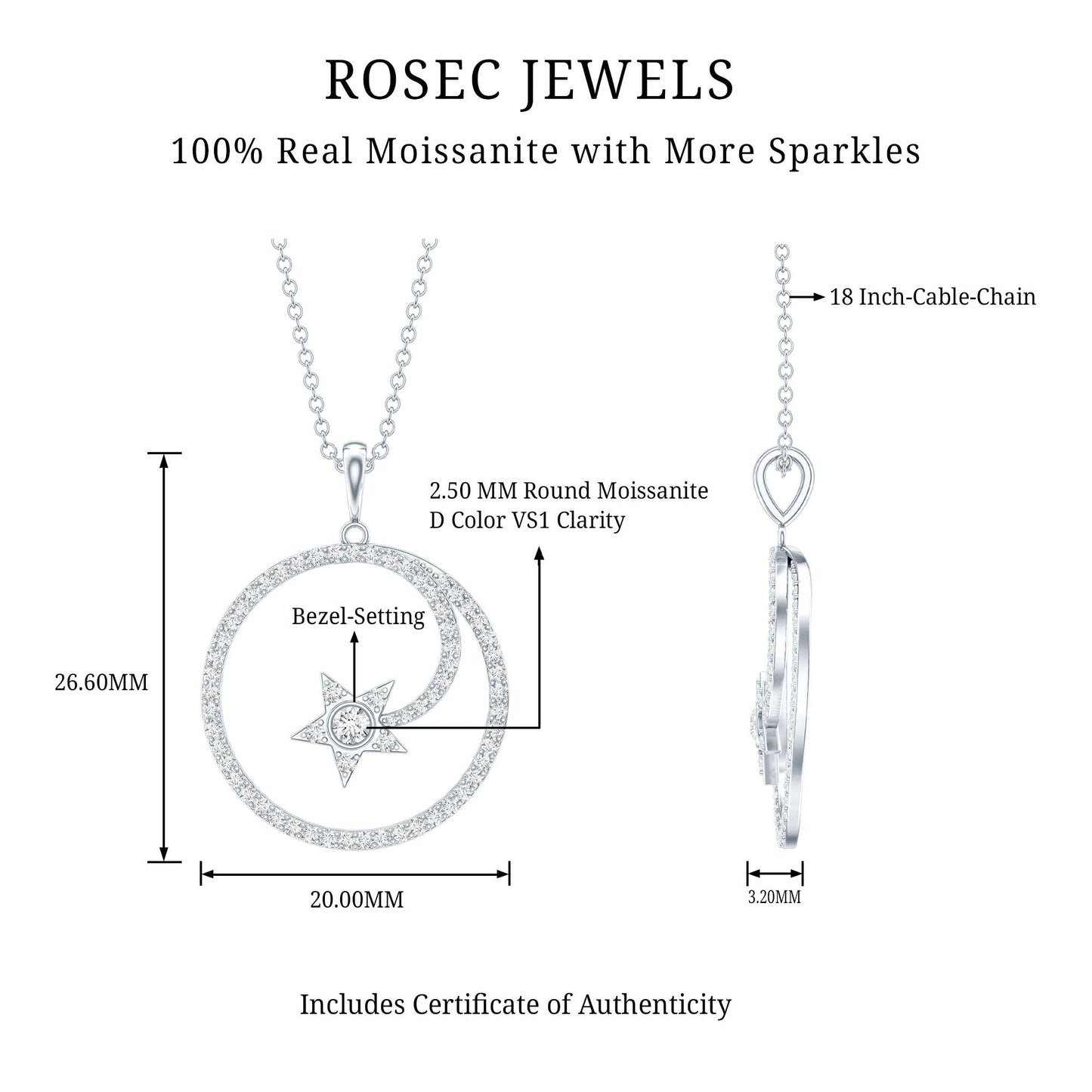 Certified Moissanite Shooting Star Necklace with Silver Chain